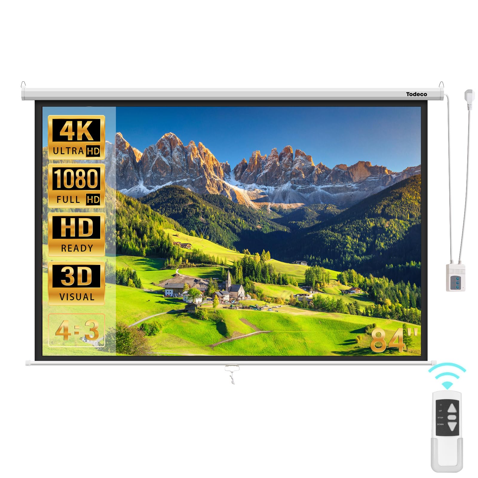 Todeco 84 Inch Electric Projection Screen, Projector Screen with Wireless Control, Roll-up, Ceiling and Wall Support, 128 x 170 cm, Formats 4:3, HD 4K 3D