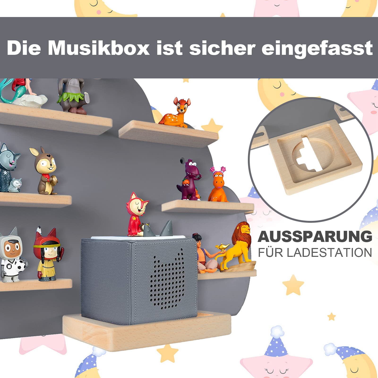 Kinder Regal kompatibel mit Toniebox und kompatibel mit Tonies für über 30 Figuren - Wandregal für die Musikbox - zum Spielen und Sammeln - für Kinder Baby Zimmer (Grau)