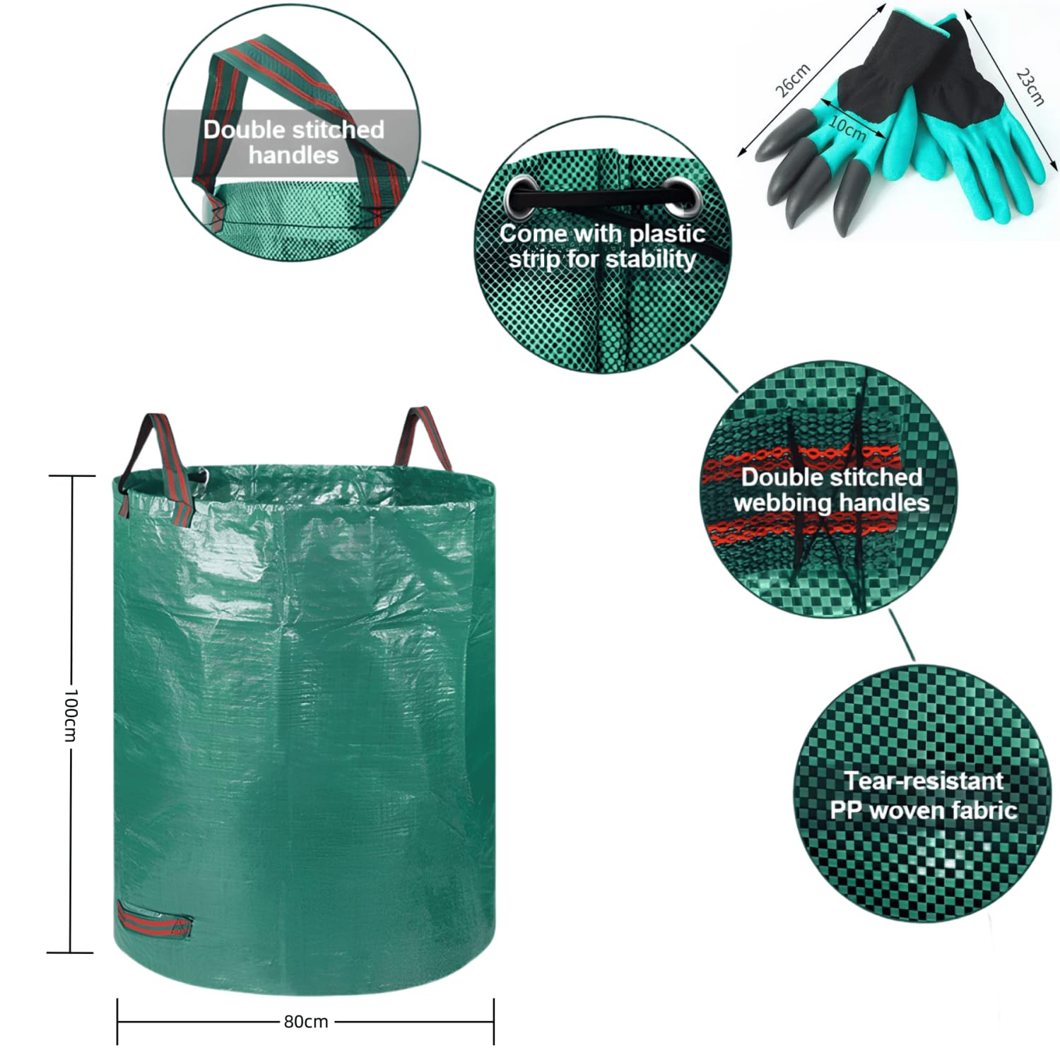 3 x 500L sacs de jardin, sacs à déchets de jardin gants inclus, 4 poignées, autonome, imperméable, sac à feuilles durable et résistant à la corrosion, adapté aux déchets de jardin (3x500L)