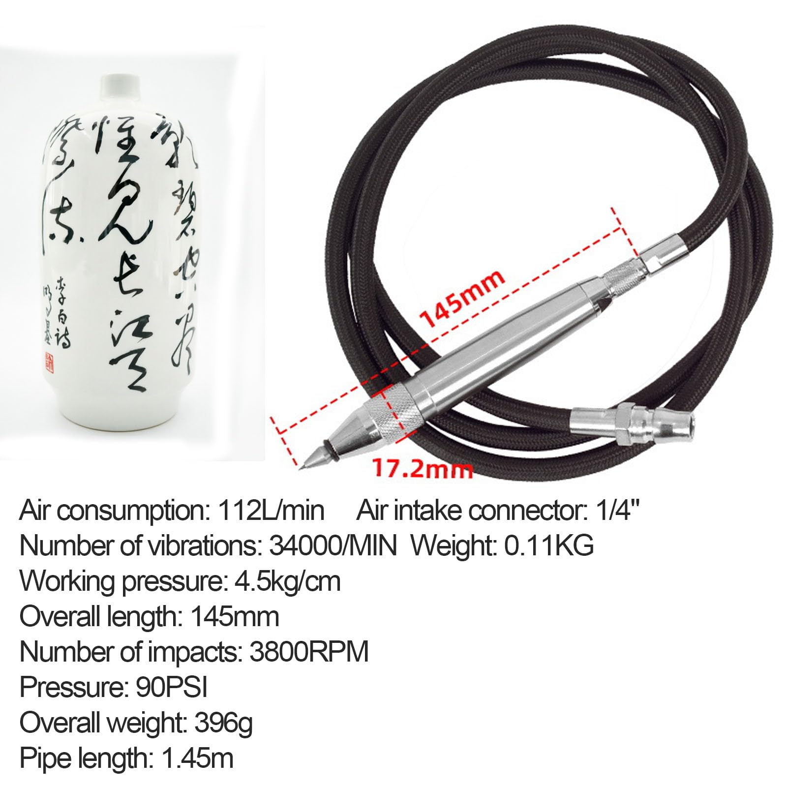 Stylo De Gravure Pneumatique Portatif avec Tuyau, Pression De Service De 90 Psi, 3 800 Coups/Min, Entrée Dair De 6,35 Mm (1/4"), Idéal pour Graver sur Céramique, Marbre, Métal, Bois Et