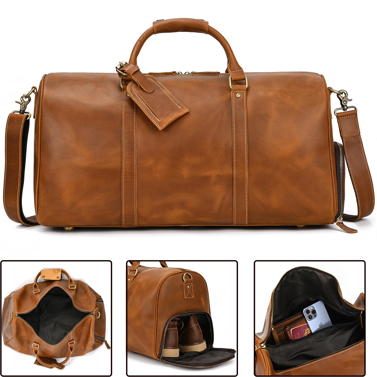 Grande Borsa da Viaggio in Pelle con Scomparto Scarpe Borsone Sportiva Tracolla Rimovbile Regolabile Manico Rinforzato per Viaggio Lavoro Palestra, marrone chiaro