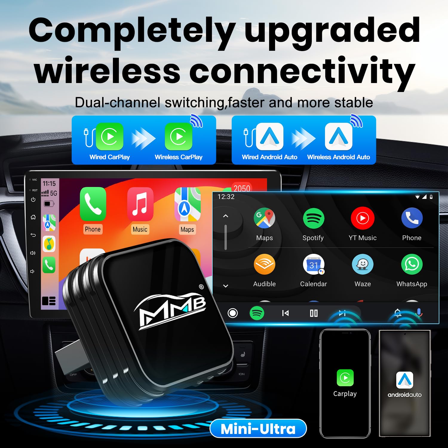 MMB CP-Ultra - Adaptador CarPlay inalámbrico mejorado 2026, 2 en 1 para iPhone y Android Auto, Wi-Fi 6+Bluetooth 5.4, convierte CarPlay con cable y Android Auto a inalámbrico, Plug & Play, conexión