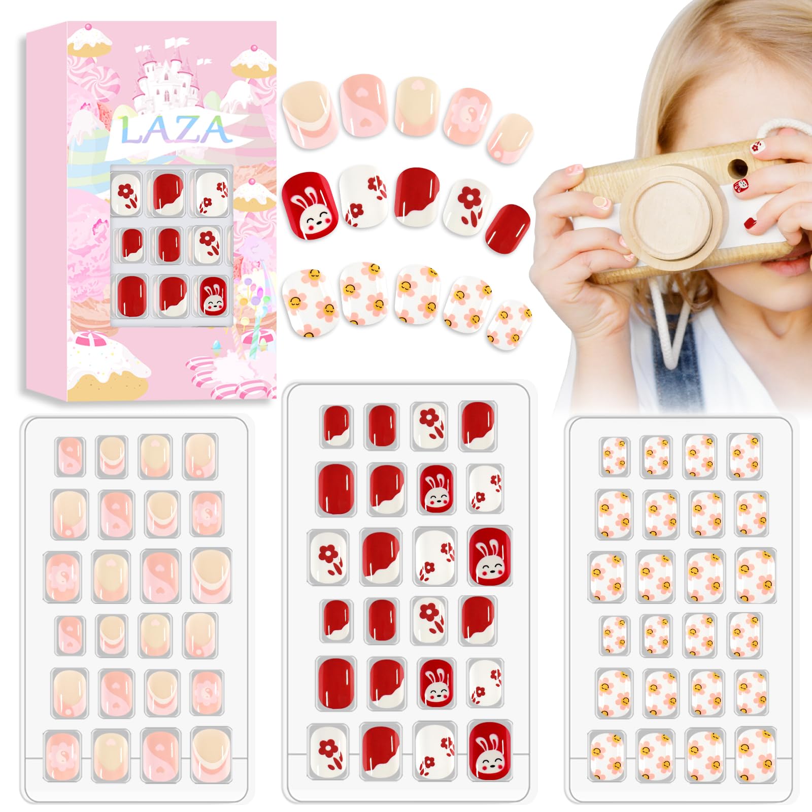 Laza 72pcs Children Nails Press On Pre-glue Full Cover Red Heart Pink French Manicure Short False Nail Kits for Kids Teenager Girls - Flower Rabbit