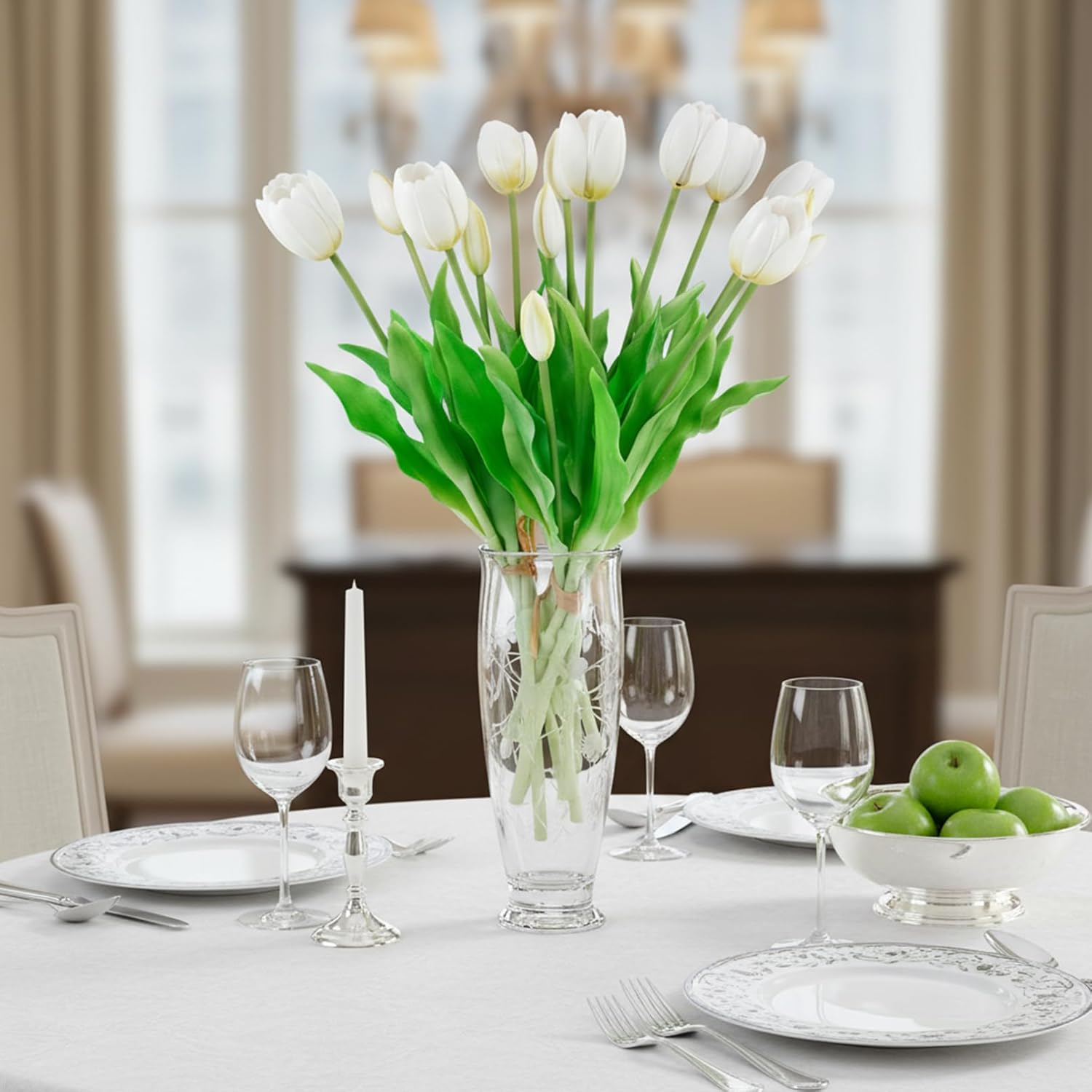 15 Pcs Artificial Tulips Flowers, Faux Latex Tulips Flowers, White Fake Tulip Real Touch, Soft Faux Tulip Bouquets for Party Wedding Home Office Garden Decoration (White) - Image 7