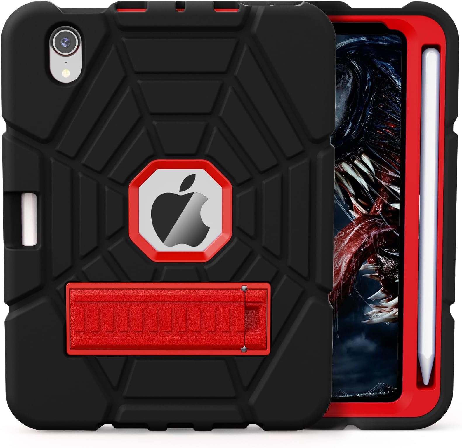 Grifobes Case for iPad mini 7th 2024 (A17 Pro) / Mini 6th Generation 2021 8.3", Heavy Duty Shockproof Cover with Pencil Holder Stand, for Mini 7/6 Gen 8.3 inch Case for Kids Boys (Black+Red)