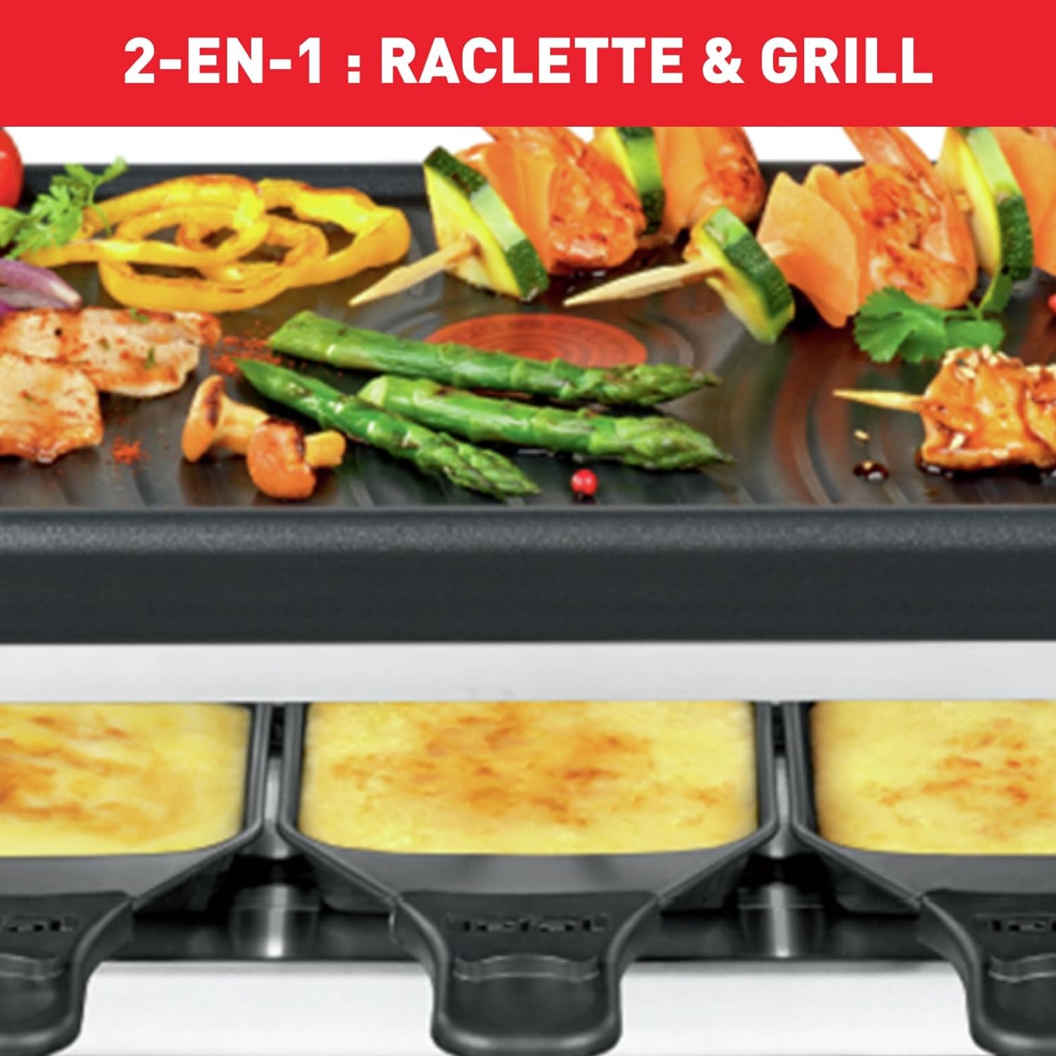 Tefal Appareil à raclette et grill, Revêtement antiadhésif, Fonction Thermo-Spot, 10 coupelles, Gourmet 10 Inox&Design RE458812, Noir