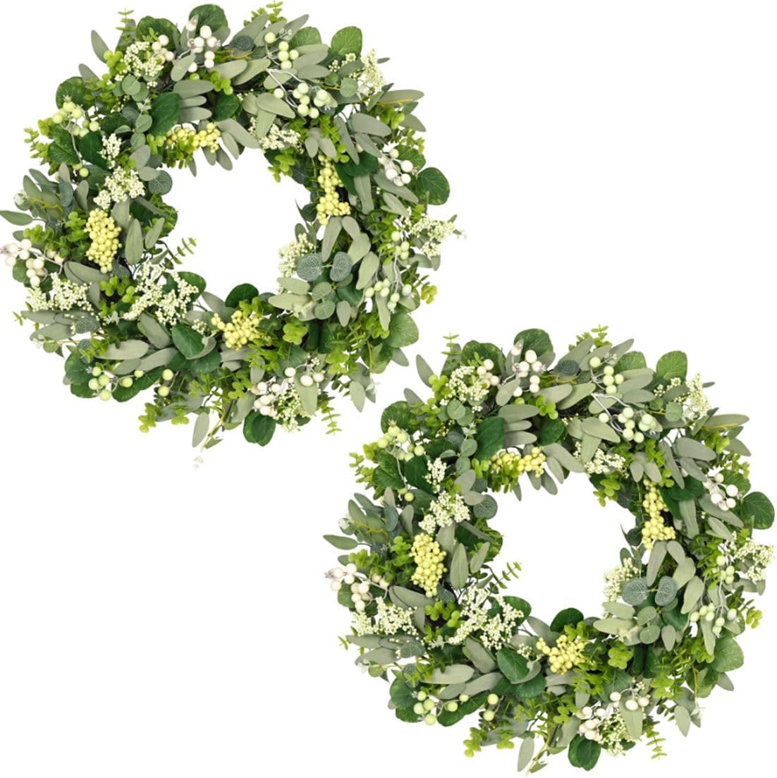 Vlorart 2 Pack Green Eucalyptus Leaf Wreaths, 24 Inch Artificial Spring Summer Wreaths for Front Door Decor Boxwood Wreath with Big Berries, Farmhouse Greenery Wreath Outside Year Round Indoor/Outdoor