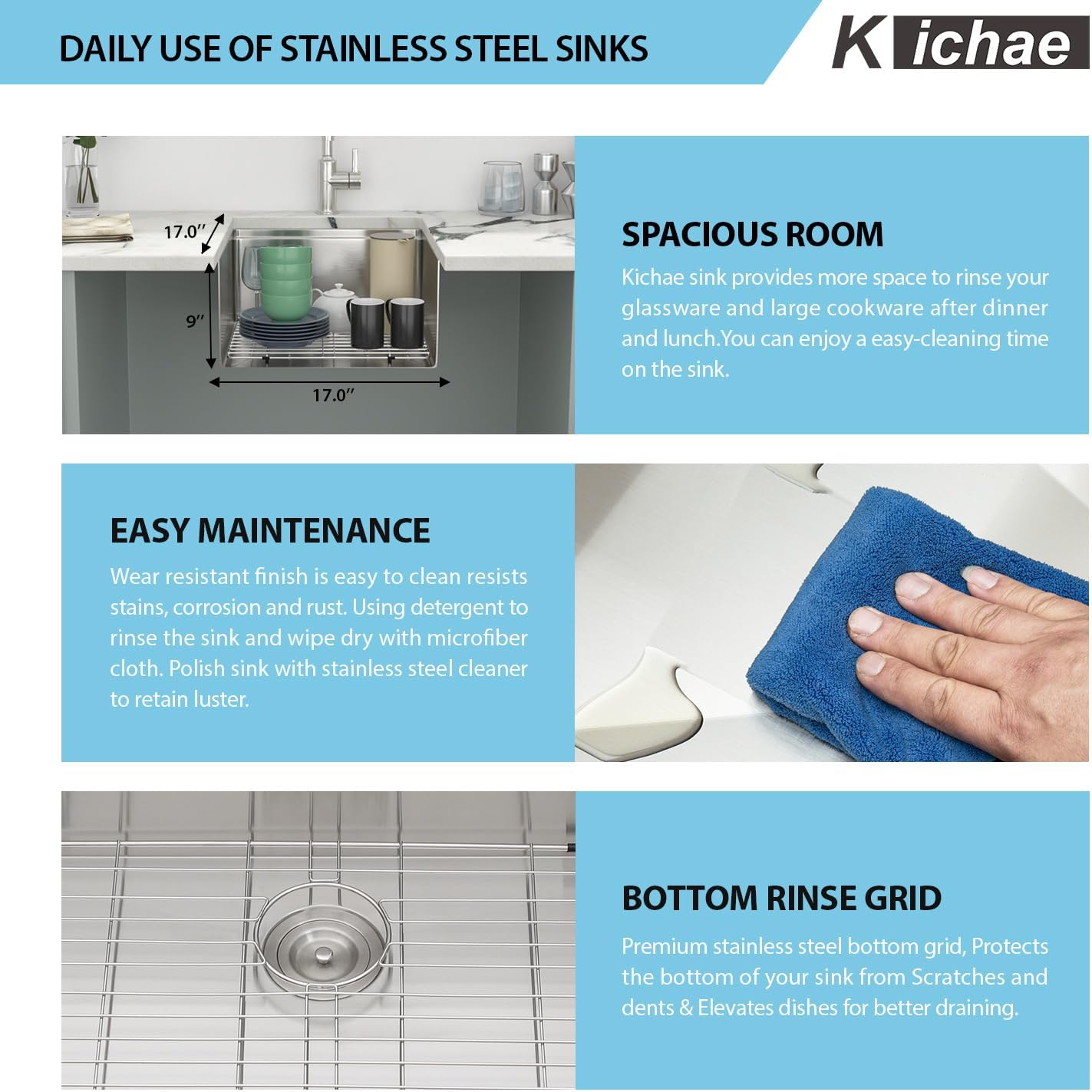 Kichae Undermount Bar Sink - 17" x 17" Bar Prep RV Kitchen Sink Stainless Steel 16 Gauge Workstation Wet Bar Sinks Single Bowl Handmade Basin With Cutting Borad