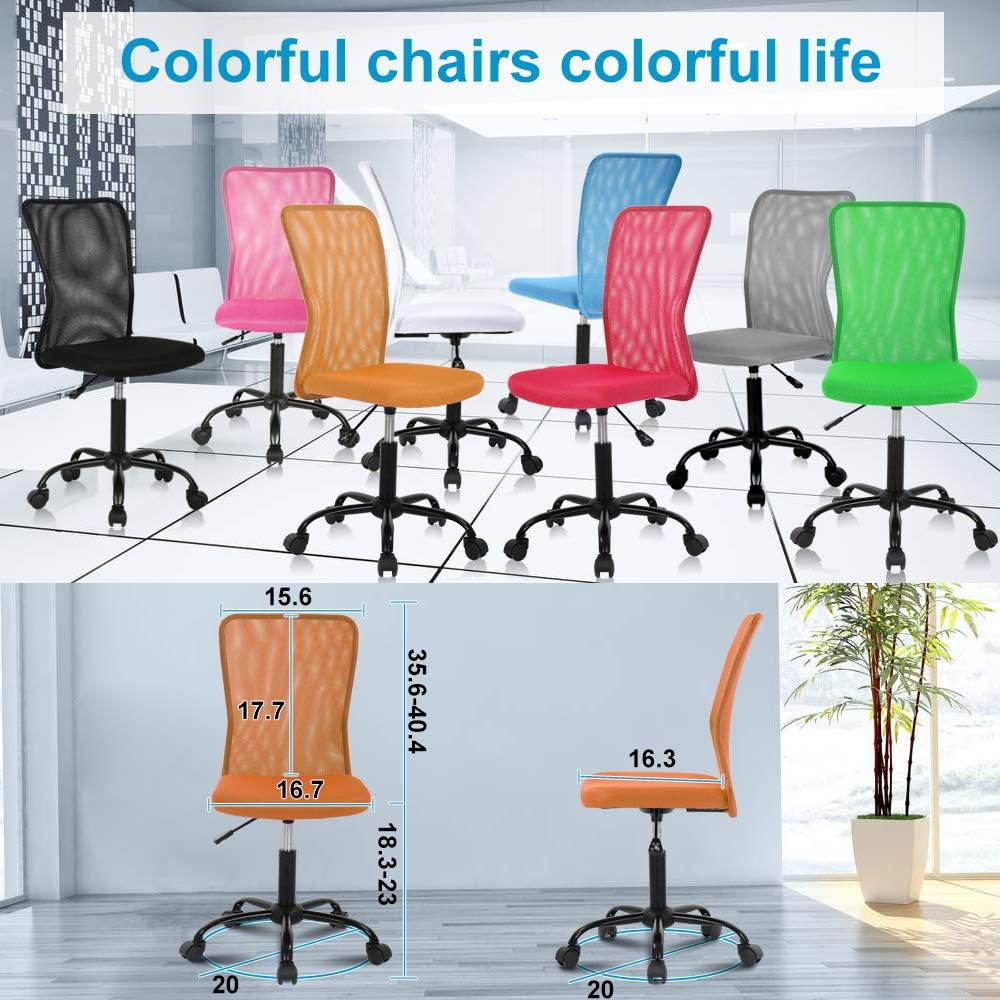 Home Office Chair, Mid Back Mesh Computer Desk Chair, Height Adjustable Small Task Chairs, No Armrest Rolling Swivel Chair for Boys Girls Student with Wheels, Orange
