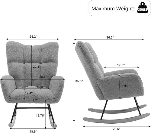 Miniatura 2 de ivoros Silla mecedora para guardería, mecedora de tela de peluche, asiento acolchado con respaldo alto, sillas modernas para guardería, dormitorio,