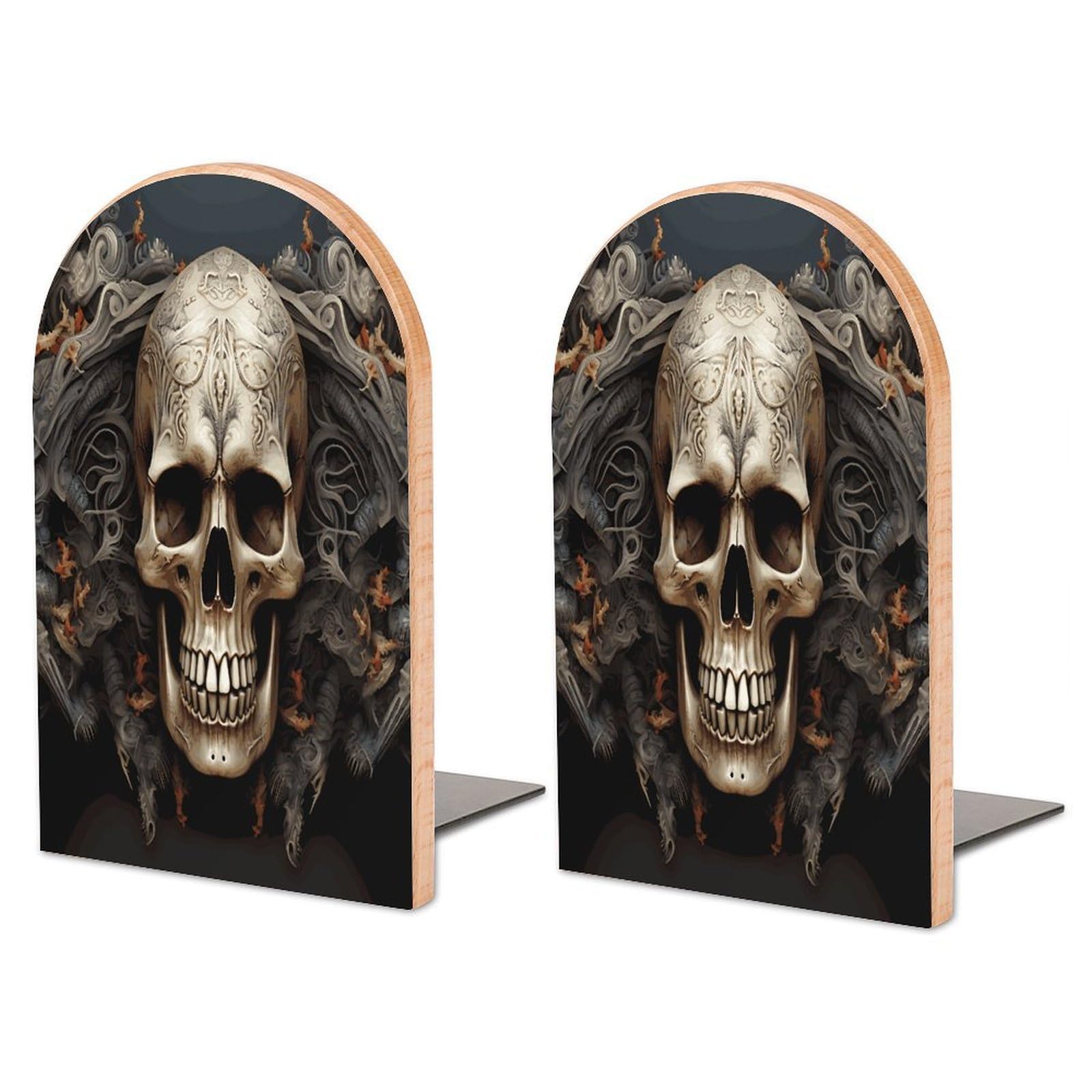 Skulls Bookend for Shelves Non-Skid Book Holder Modern Heavy Duty Bookend Stopper Metal Base Wood Book End Books Shelf Holder Home Decorative 1pair 6.7x3.9x4.7