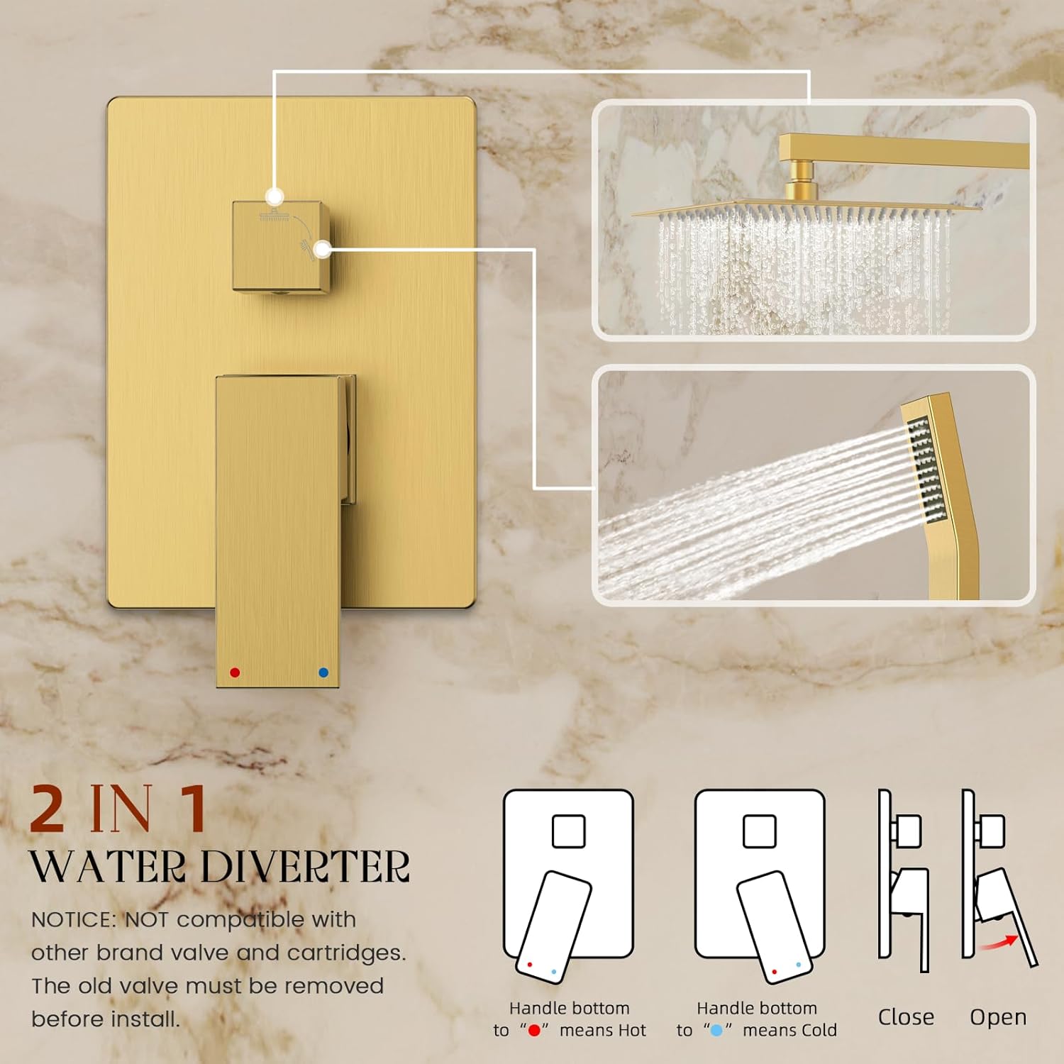 Longriver S200 Shower Faucet Set, Shower System Bathroom High Pressure 10 Inches Rainfall Shower Head with Handheld Spray, Wall Mounted Shower Fixtures with Shower Valve and Trim Kit, Brushed Gold - Image 6