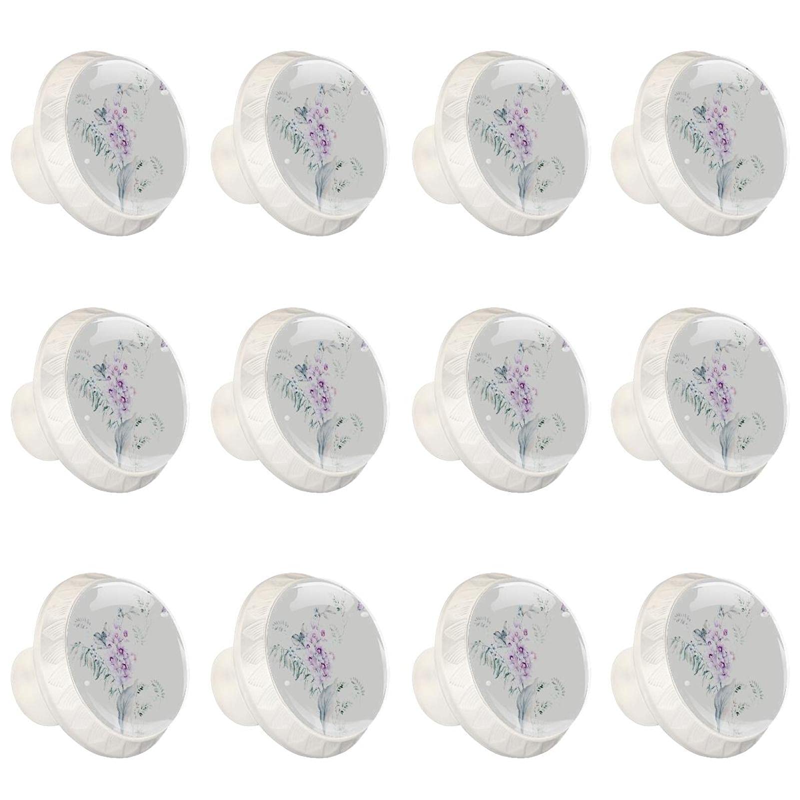 Boutons d'armoires de cuisine ronds en motif fleur violette pour tiroir et commode x12