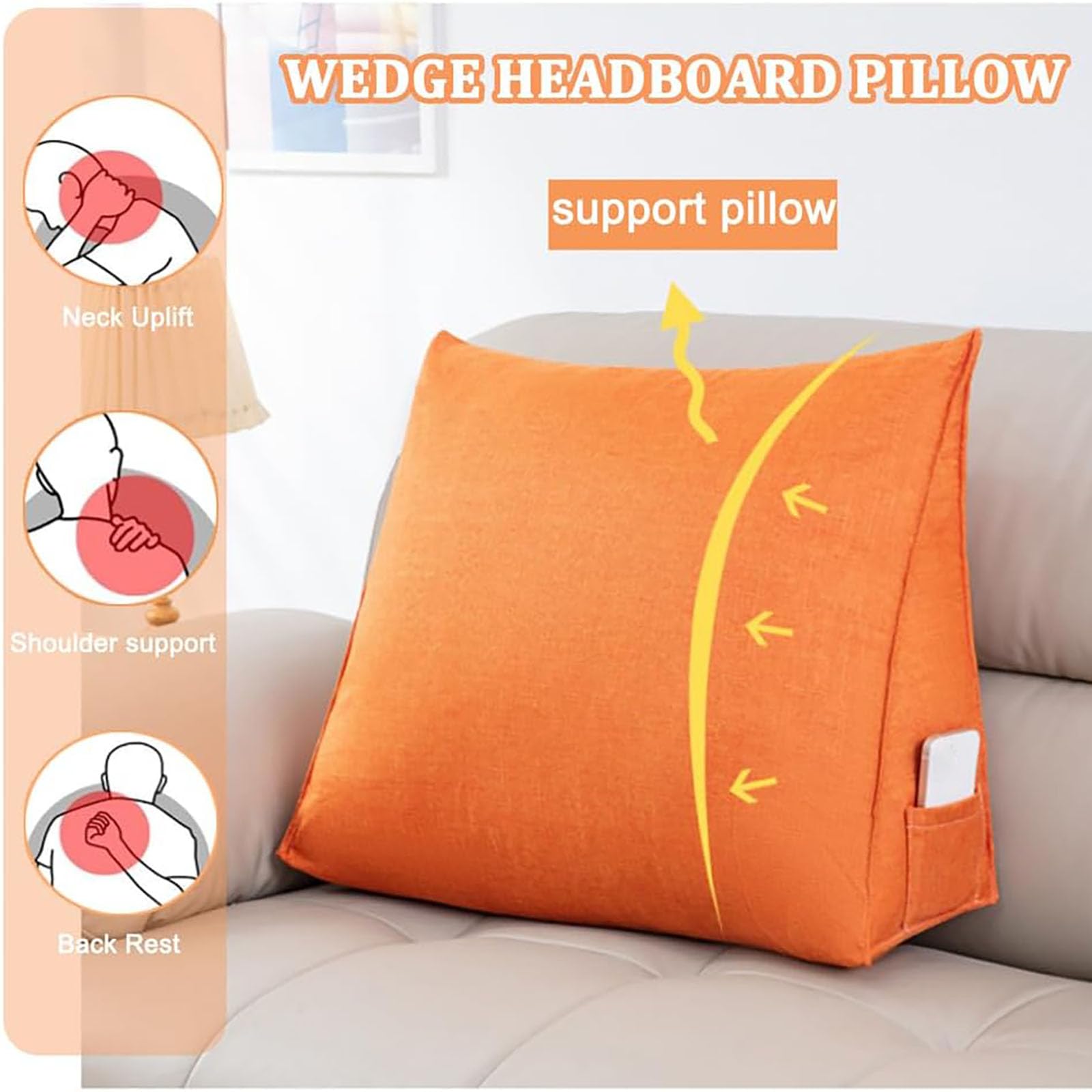 Cojín ergonómico triangular para la espalda, 40/47/60 cm, para cama/sofá, funda extraíble lavable, bolsillo lateral, almohada de lectura, soporte lumbar, 40 x 35 x 17 cm