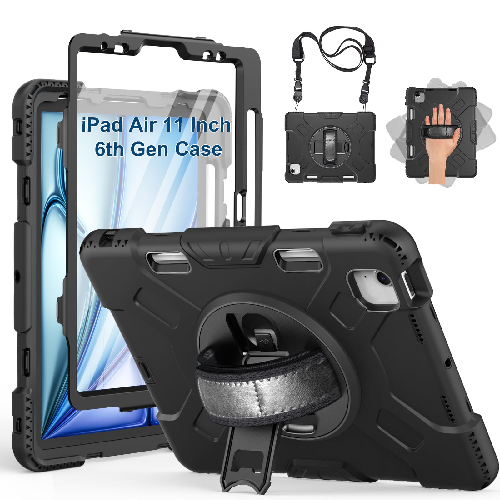 SUPFIVESCase for iPad Air 11 Inch Case 2024 (6th Gen),Upgraded Military Silicone iPad Air 11 Cover with Screen Protector/Pencil Holder/Rotating Kickstand/Hand Strap/Shoulder Strap, Black