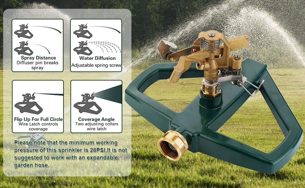 Miniatura 8 de Rociador de impacto pulsante de metal con base de metal, rociadores de latón resistente para patio, césped, jardín, cobertura de área grande de 20 a