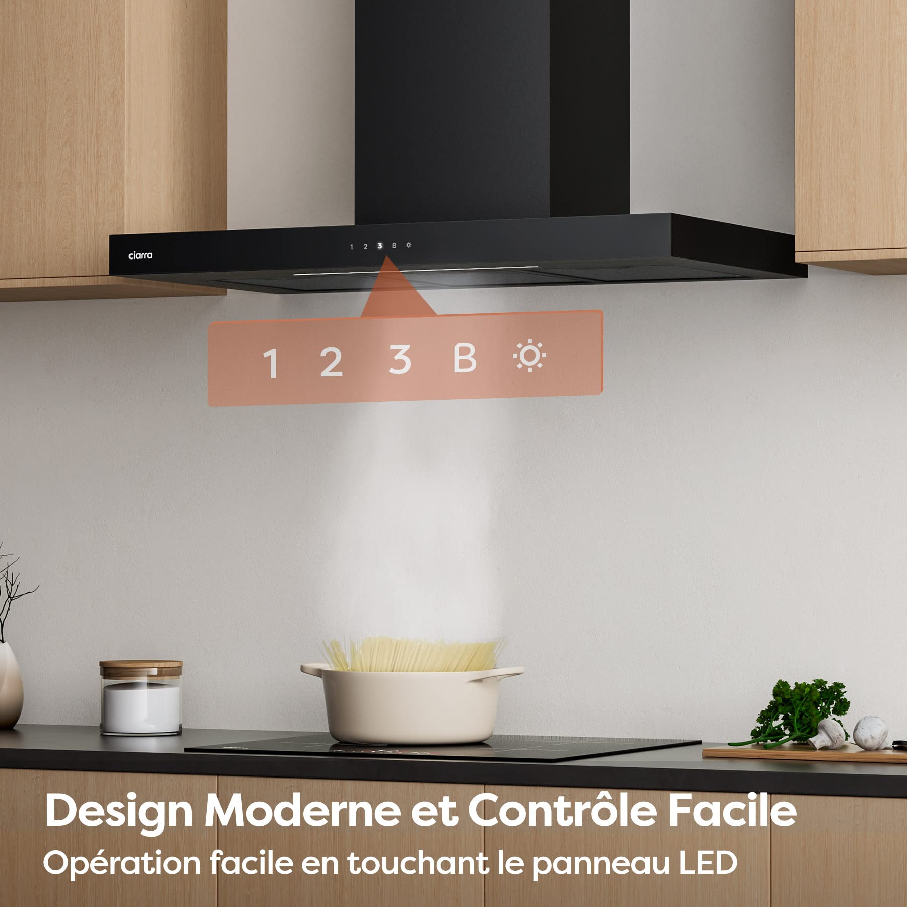 Ciarra Hotte de Cuisine 90cm Classe A+++ 650m³/h, WIFI & Commande Tactile, 4 Vitesses & Boost, Filtre à Charbon Inclus, Recyclage ou Évacuation, Affichage LED – Noir – CBCB9102