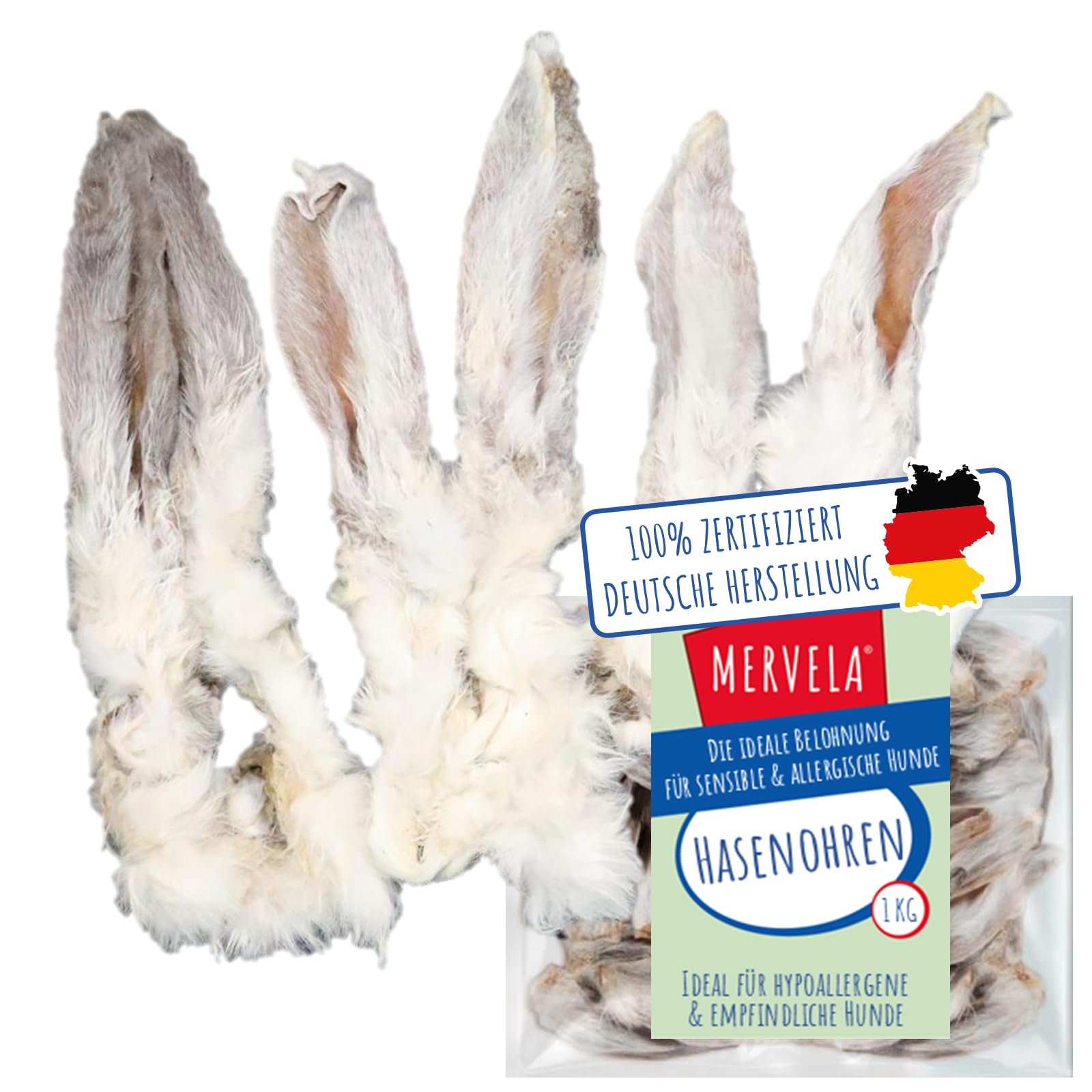 MERVELA® Hasenohren mit Fell für Hunde | 1 kg | 100% natürliche luftgetrocknete Kausnacks | hypoallergen & getreidefrei | unterstützt Verdauung & Zahnpflege