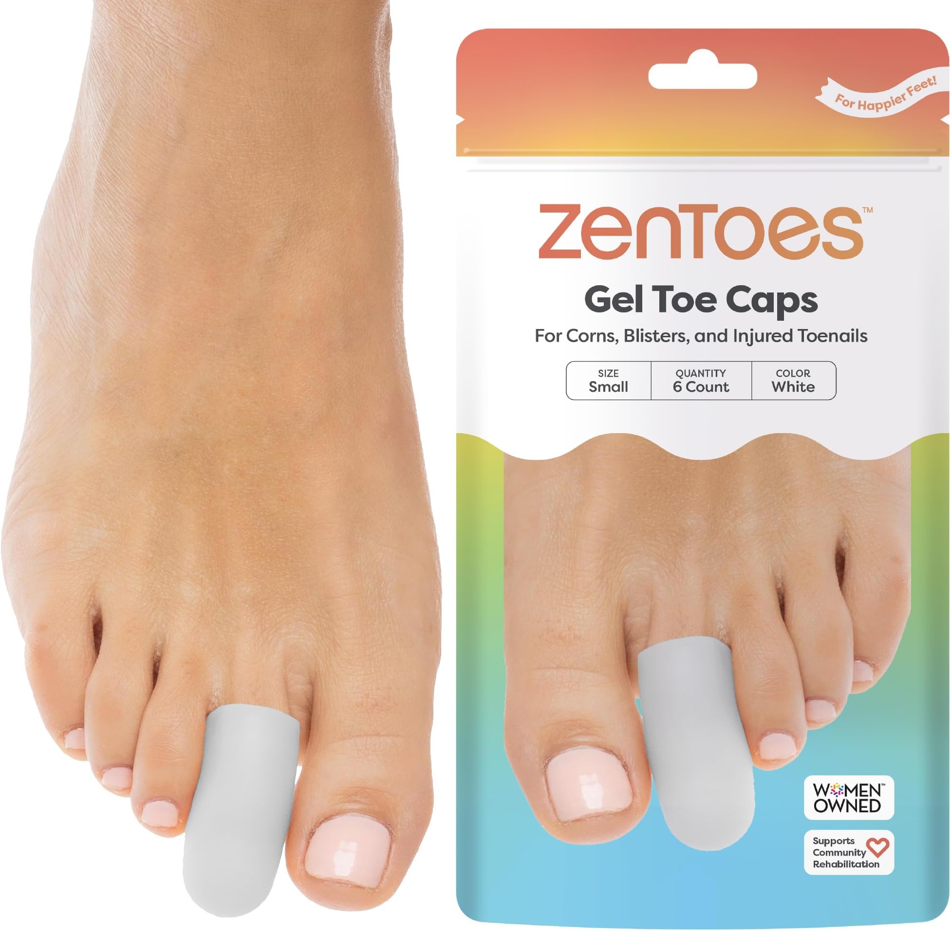 ZenToes 6 Pack Gel Toe Cap and Protector - Cushions to Protect The Toe and Provides Relief from Missing or ingrown toenails, blisters (Small, White)