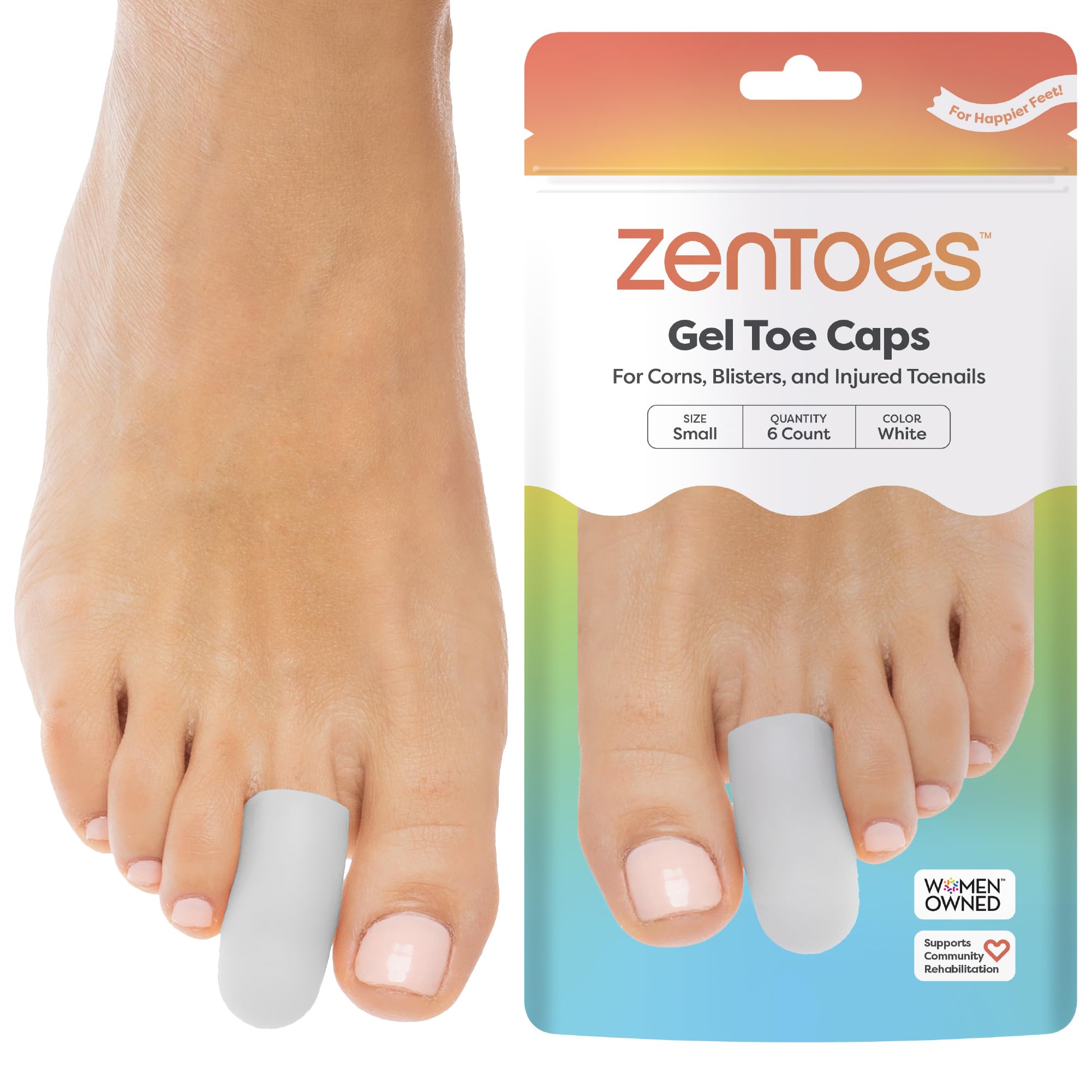 ZenToes 6 Pack Gel Toe Cap and Protector - Cushions to Protect The Toe and Provides Relief from Missing or ingrown toenails, blisters (Small, White)