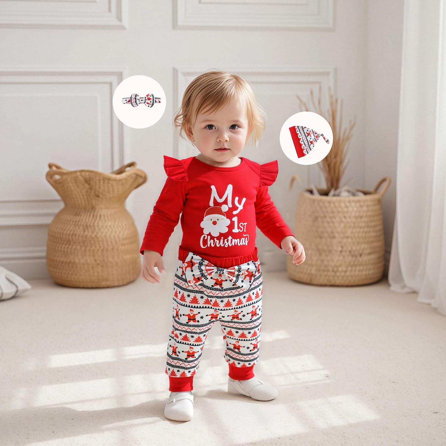 My First Christmas Baby Girl Outfit Newborn Long Sleeve Romper Santa Print Pants Hat Headband 4Pcs Cute Xmas Clothes - Image 3