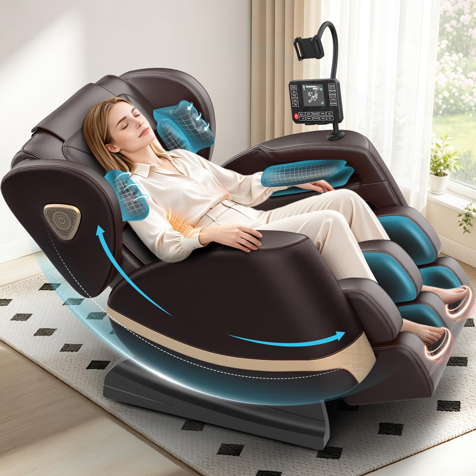 Gegcucey Ganzkörper Massagesessel mit Rollen & Airbags für Massage, Zero Gravity mit Bluetooth Lautsprecher und Touchscreen, Heizfunktion für Taille & Beine, mit Fußmassage für Hause/Büro (Hellgrau)