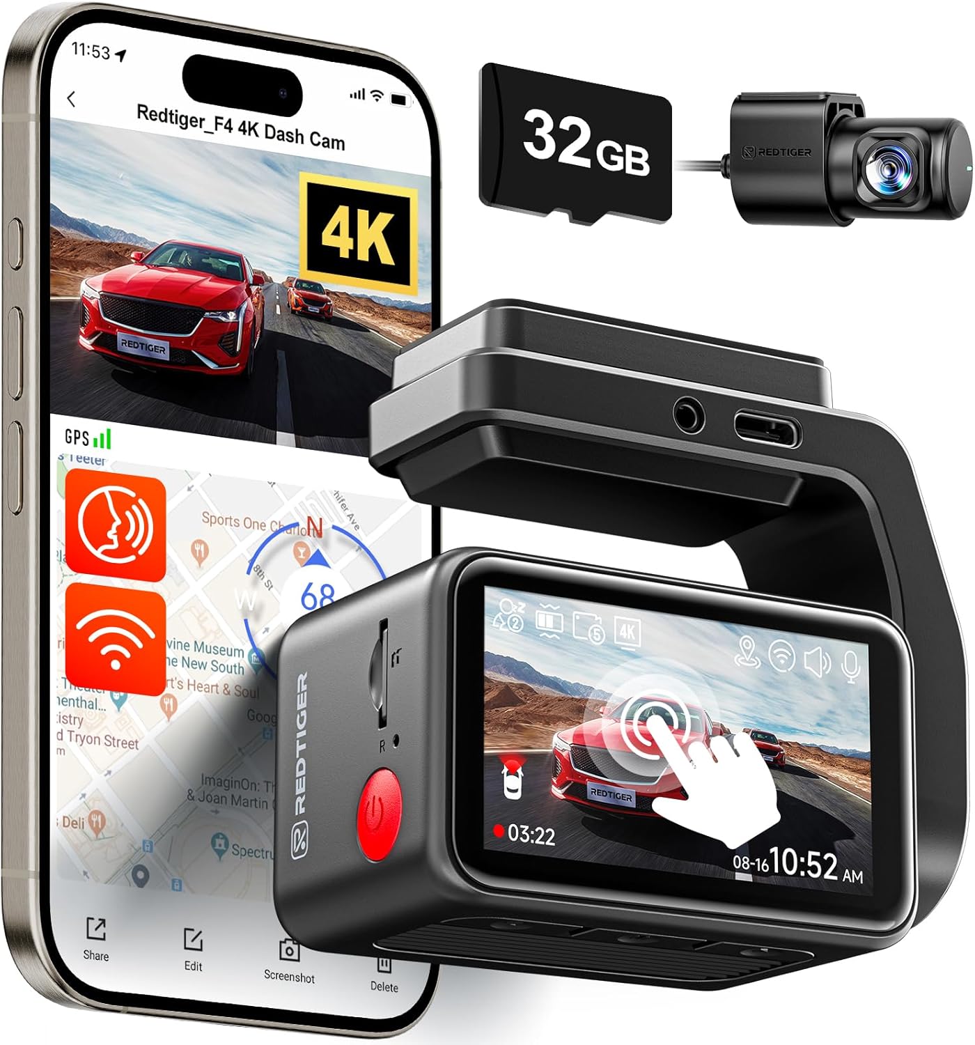 REDTIGER F4 & in-Car Rear Camera, 2160P UHD Touch Screen, Voice Control, Included 32GB Card, Night Vision, Built-in GPS, WiFi APP Control