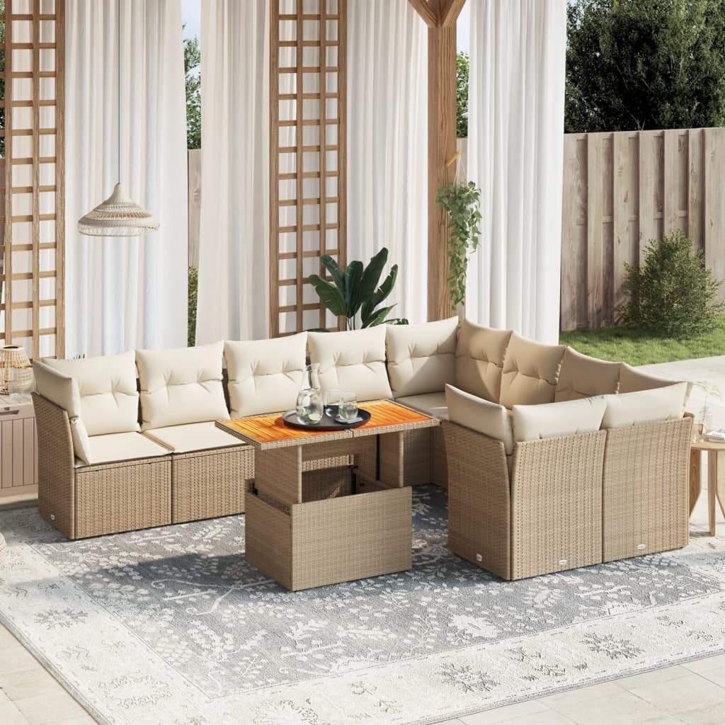 Set Divano da Giardino 10 pz con Cuscini Beige in Polyrattan,Set di Conversazione per Patio,Set Salotto da Esterno,Set Divano da Giardino Esterno-3271009