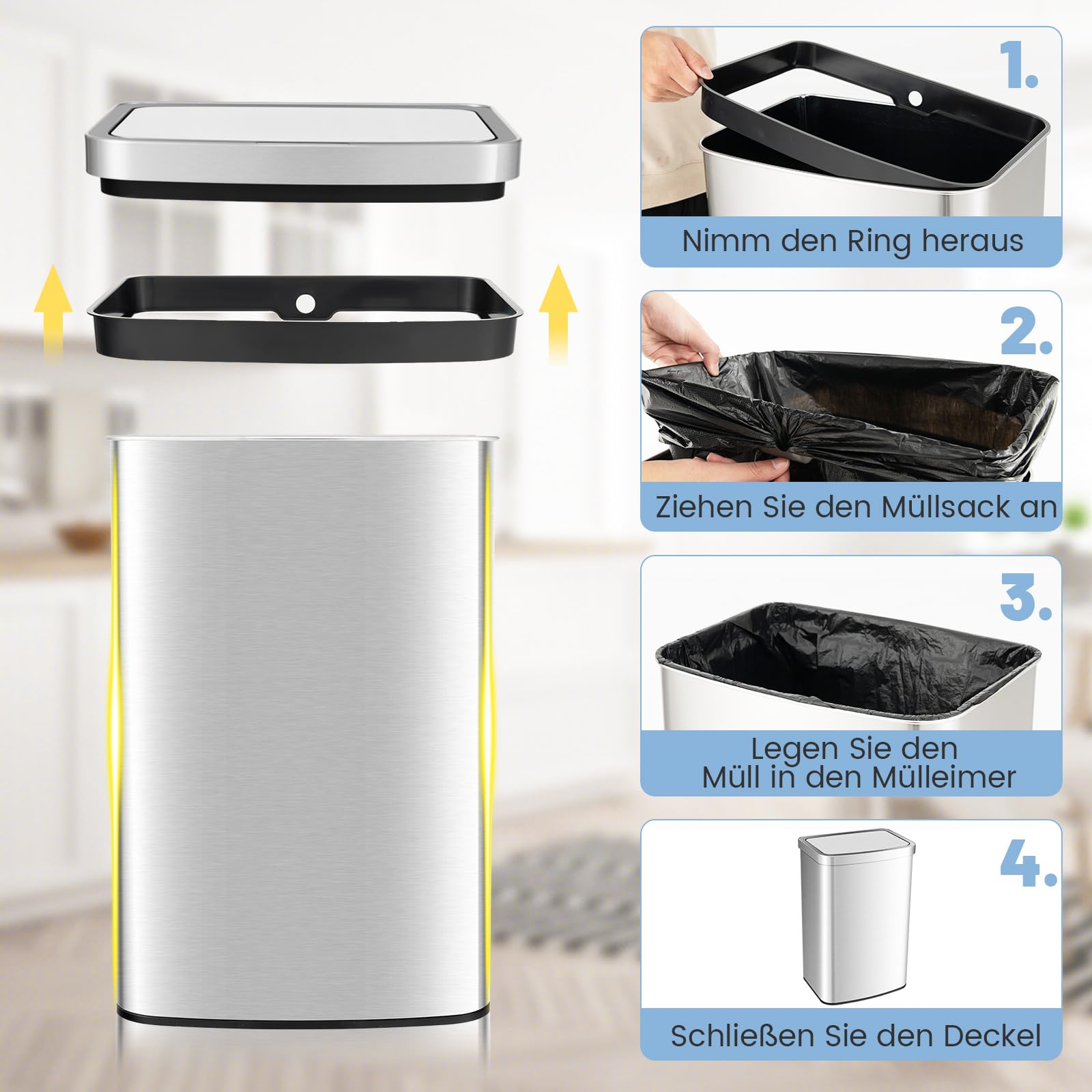 COSTWAY 50L Vuilnisbak met Sensor, Automatische Prullenbak met Deksel, Afvalbak van Roestvrij Staal en Kunststof, Vuilnisbak Keuken voor Slaapkamer, Badkamer, Kantoor