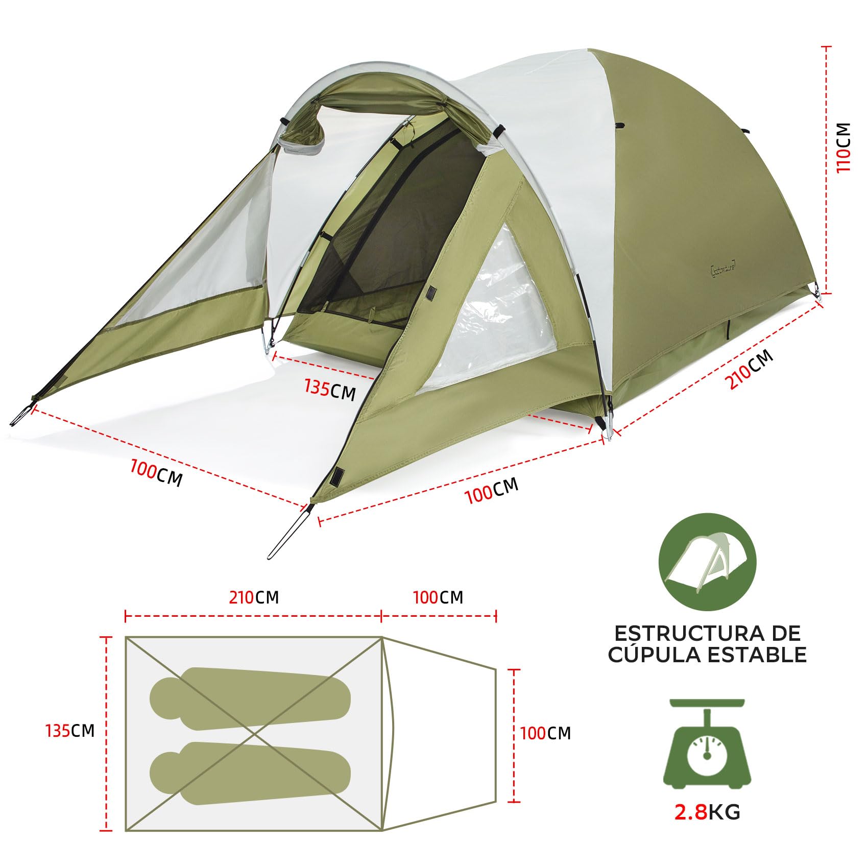 Clostnature Tienda de Campaña 2 Personas con Vestíbulo, Tienda Camping | Doble Capa, Impermeable y Ventilada, Ligera y Resistente al Viento, Fácil Montaje para Camping y Actividades al Aire Libre