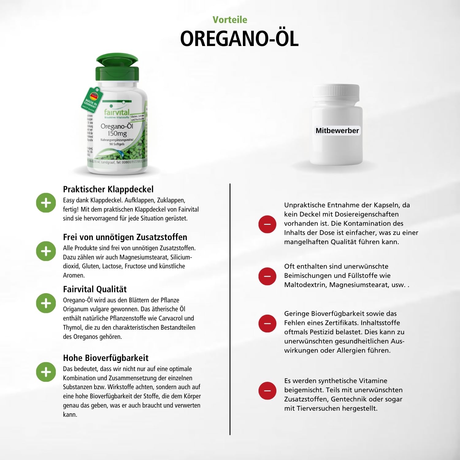 fairvital Oregano-Öl Kapseln 150mg, 90 Softgels, schluckfreundlich, HOCHDOSIERT, Oregano Oil 10:1 Extrakt, Origanum vulgare