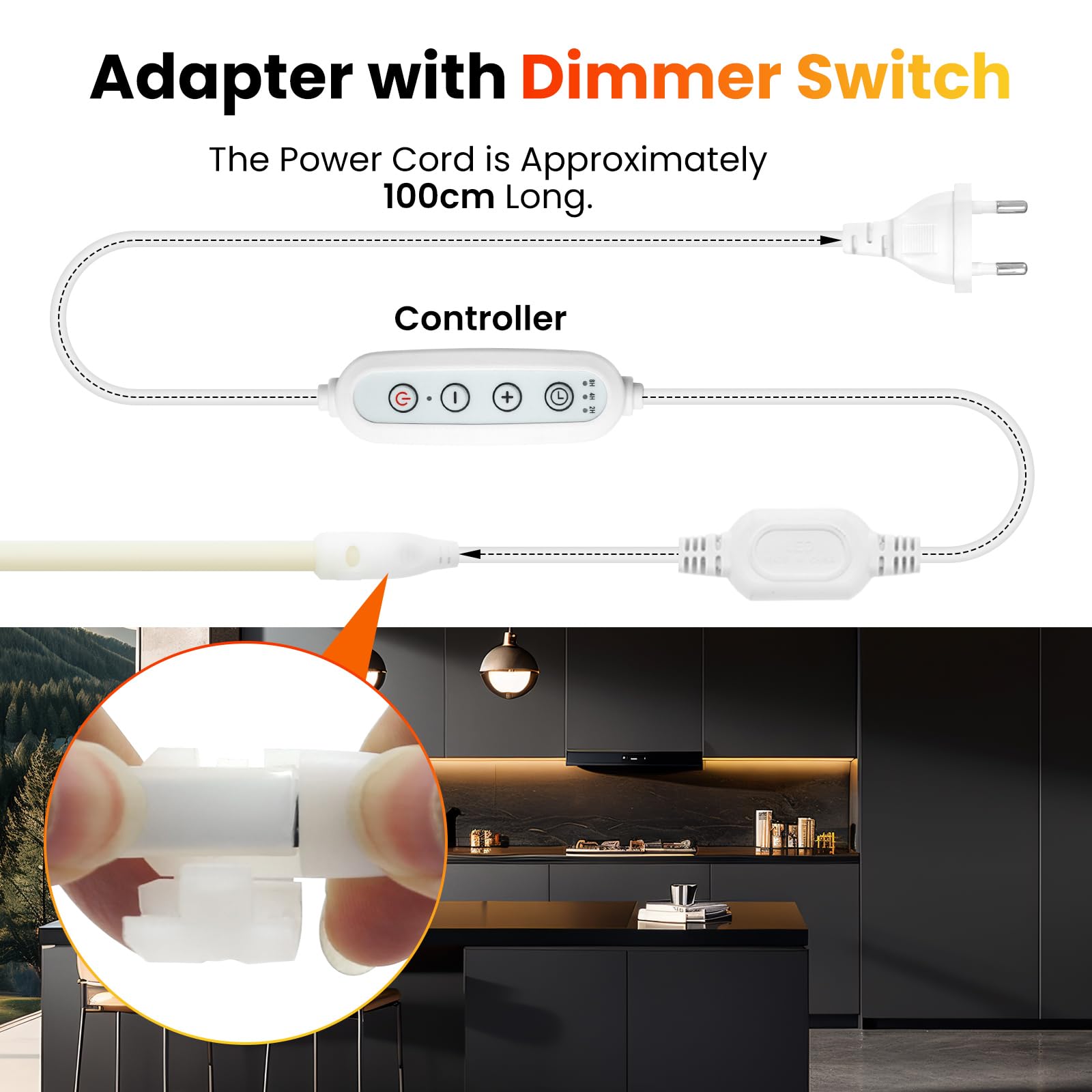 KISUFU Tira LED COB 220V, 288 LEDs/m IP65 Impermeable Neon Luces de LED Light Strip con Temporizador de 3 etapas de 4 teclas Para Habitacion, Dormitorio, Patio.