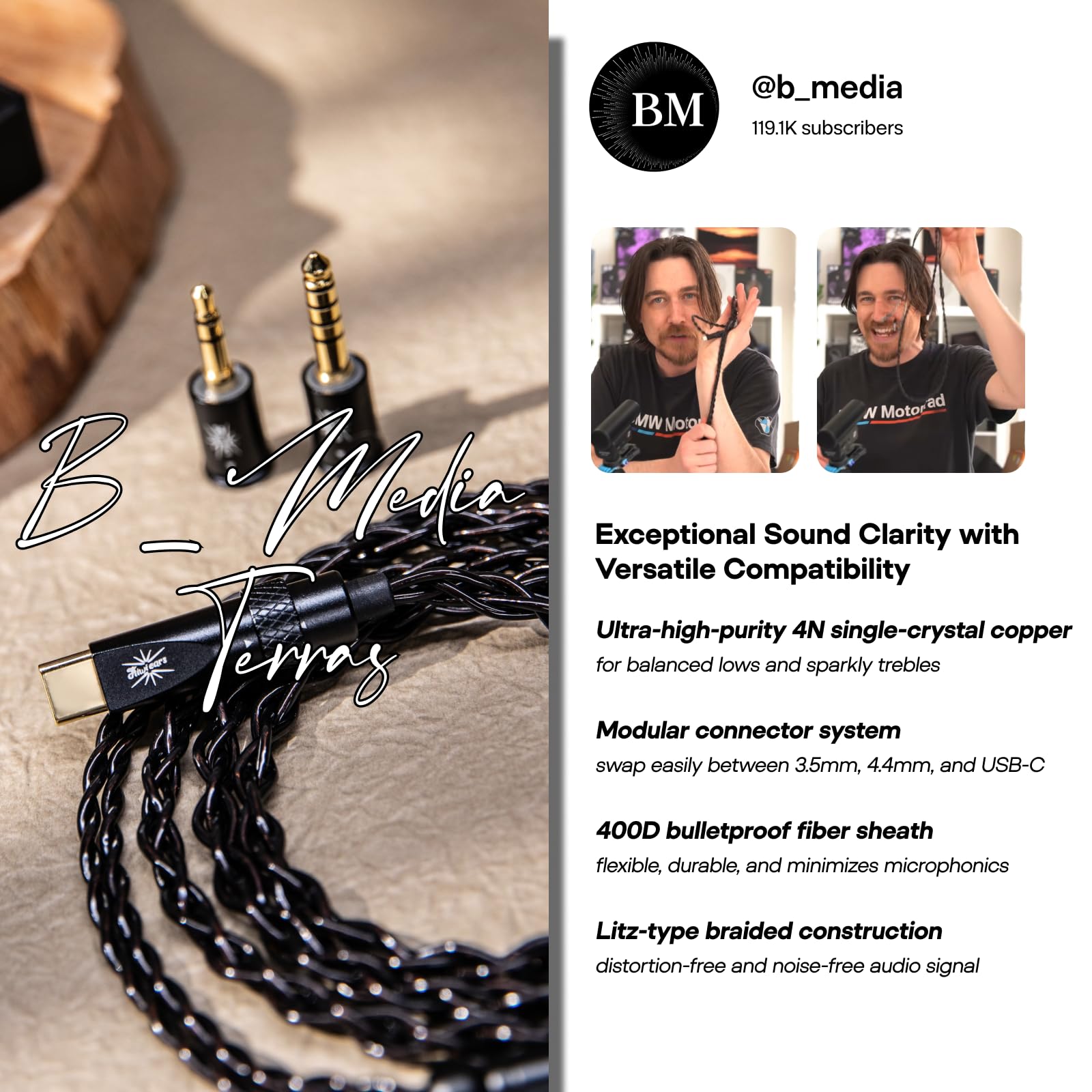 Linsoul Kiwi Ears x B_Media Terras, Connettore USB Tipo C/3,5 mm/4,4 mm, Cavo per IEM a 4 Nuclei in Rame Monocristallino 4N 32 AWG, HiFi da 1,25 m per Astral Orchestra II Arete Hype4