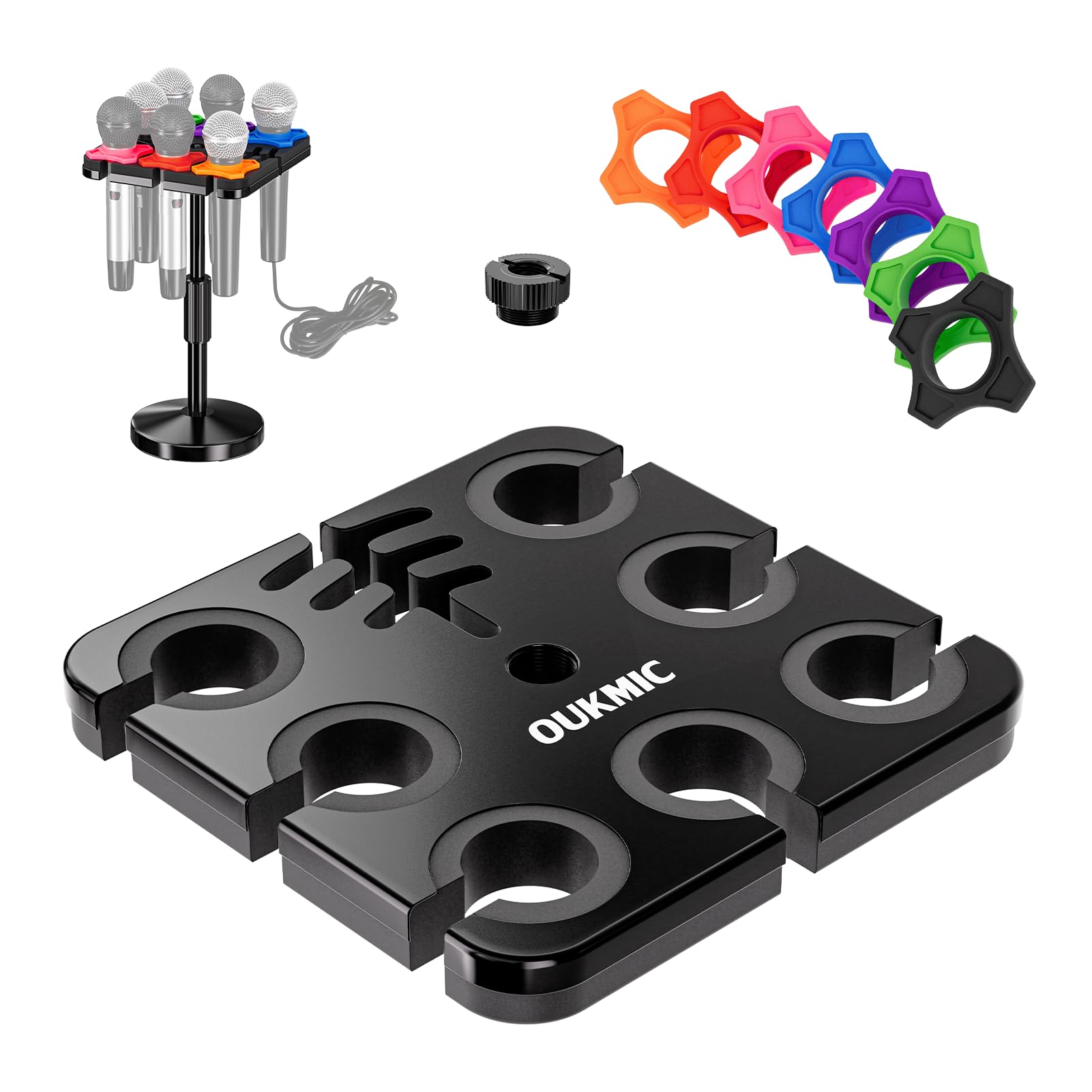 Multi-Mikrofonhalter mit Desktop-Mikrofonständer, quadratische Ablage mit Kabelschlitzen für bis zu 7 Mikrofone, kabelgebundener und kabelloser Mikrofonhalter für Bühnen-Organizer und Display