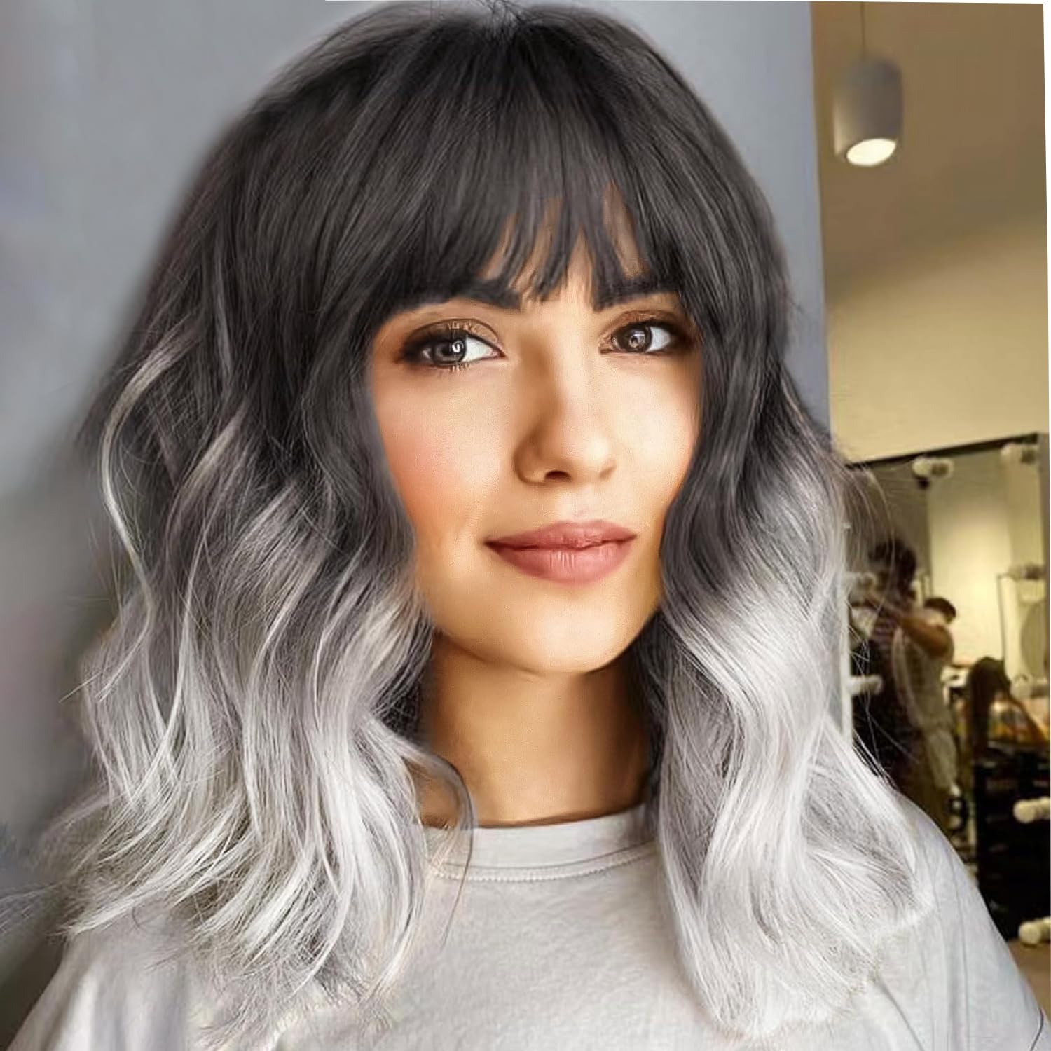 Colorfulpanda Short Ombre Silver Grey Wavy Bob Wigs with Fringe for Women Natural Shoulder Length Heat Resistant Synthetic Hair for Daily Use and Cosplay 14 inch