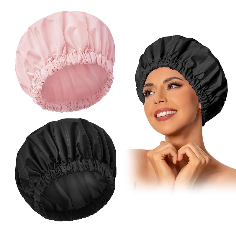 Touca de banho reutilizável Edoneery, impermeável, com elástico — YM001-Pink&Black