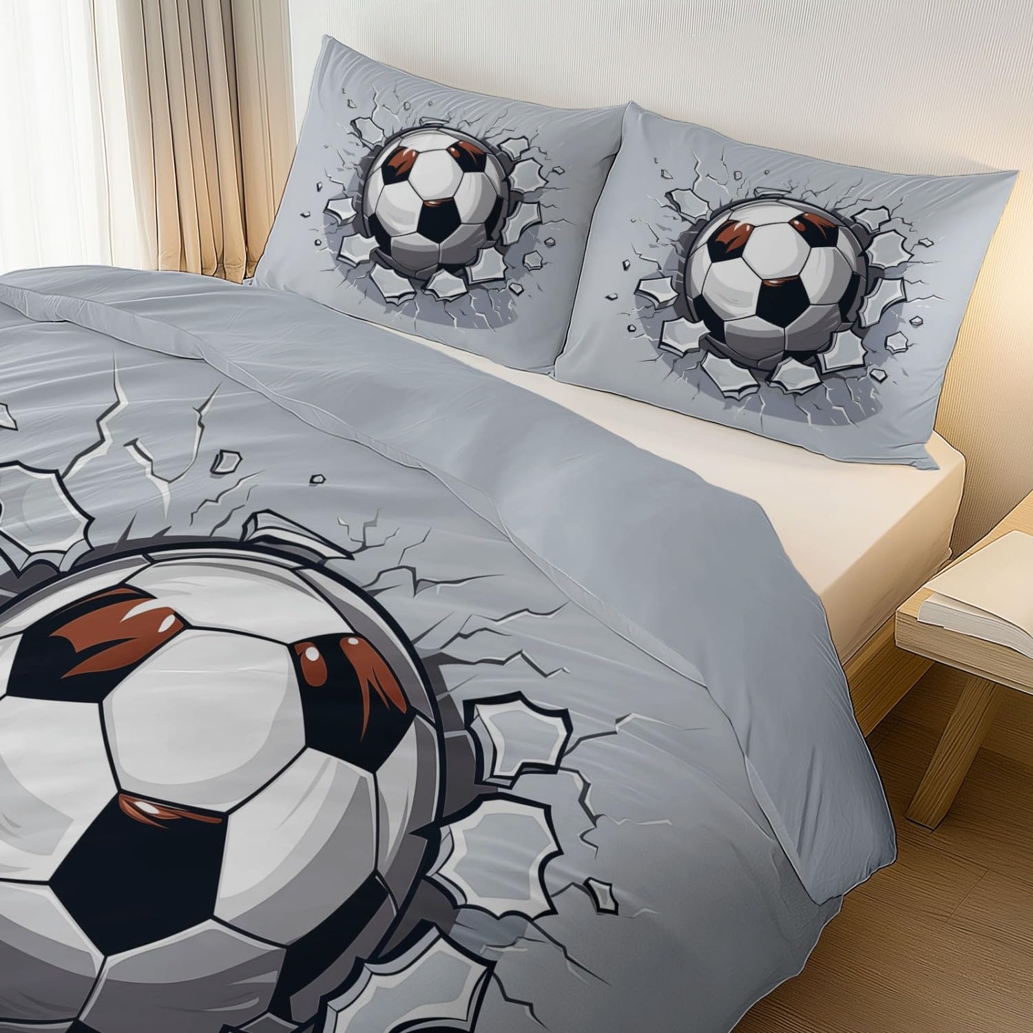 Bettwäsche 220 x 240 cm, Wende Bettbezug Set für Kinder Jungen Mädchen, Schwarz Weiß Bequem Atmungsaktiv Einfache Pflege Cartoon Fußball Crack Grunge Sport Bettwäsche Set