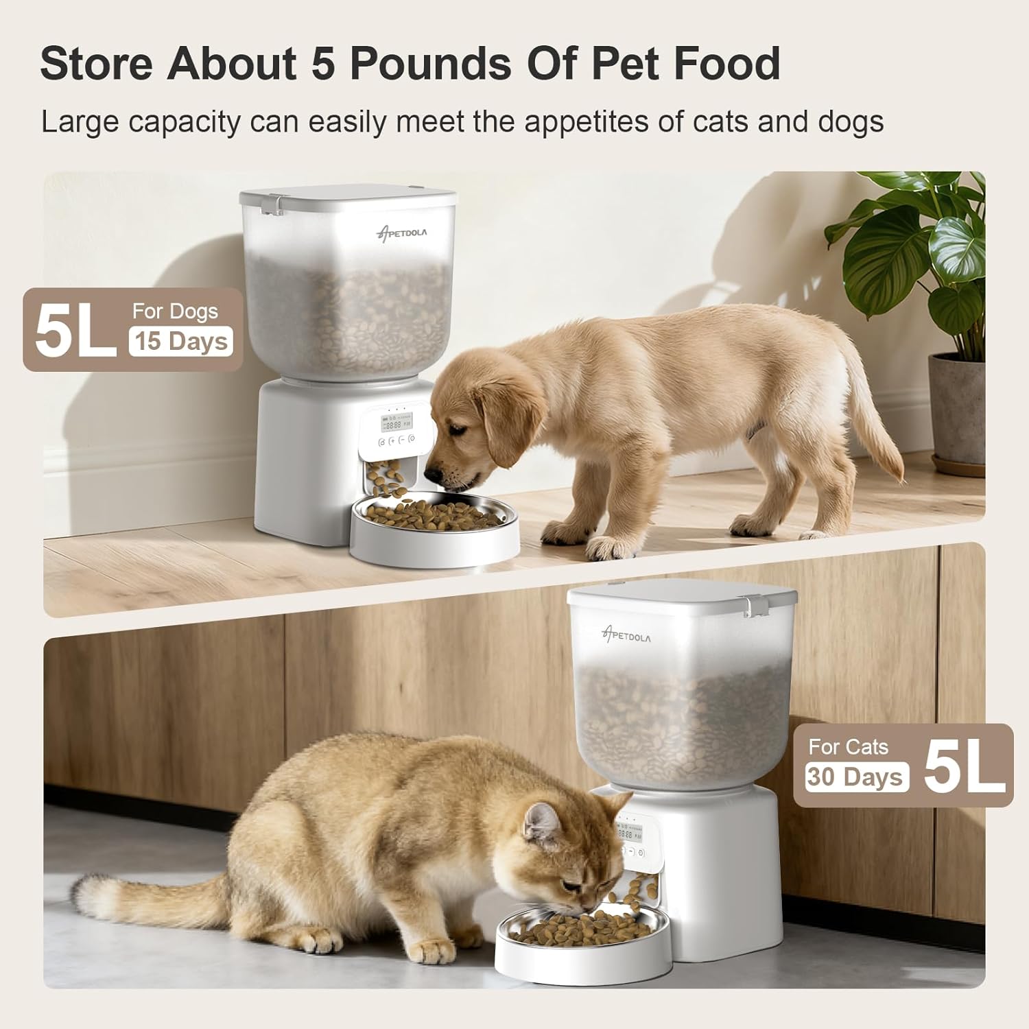 Automatic Cat Feeder, 5L/21Cups Timed Cat Dry Food Dispenser with Dual Power Supply, Programmable Portion Control, Auto Pet Feeder for Cats and Dogs