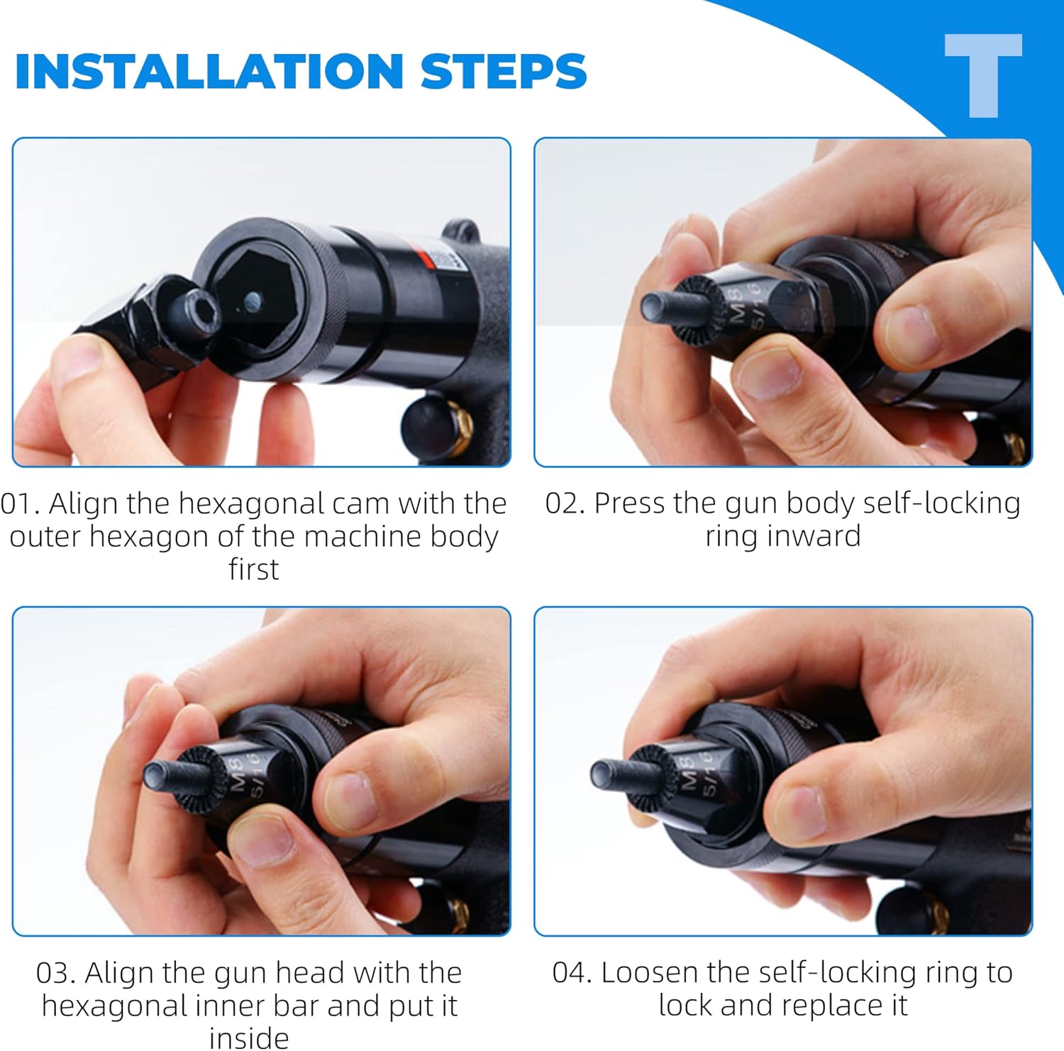 Four-step diagram showing how to install a rivet nut head: 1. Align hexagonal cam, 2. Press self-locking ring, 3. Align gun head with inner bar, 4. Loosen self-locking ring to lock.