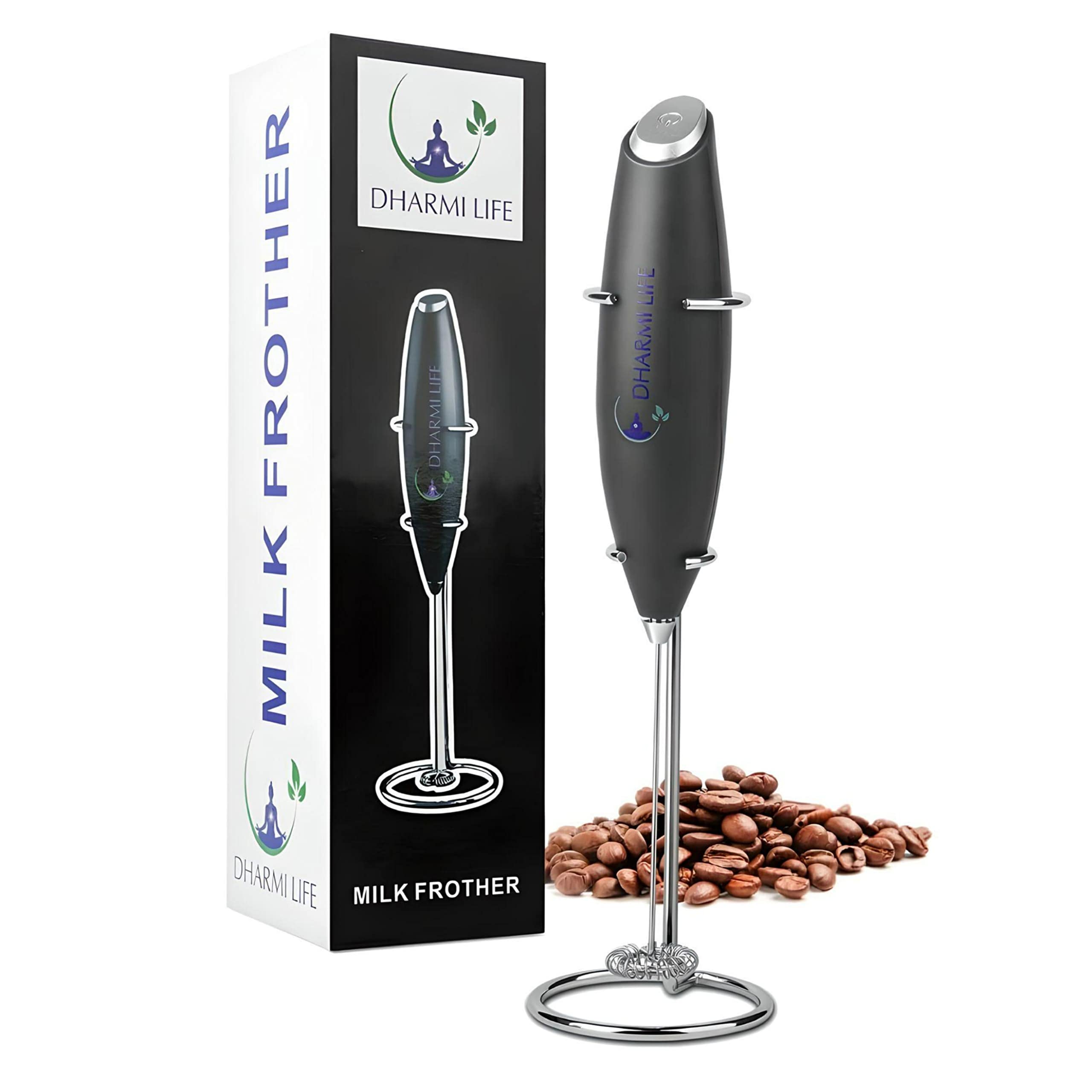 Milk Frother Handheld. Battery Operated Electric Foam Maker for Coffee, Hot Chocolate, Latte, Cappuccino. Stainless Steel Stand Included (BLACK)
