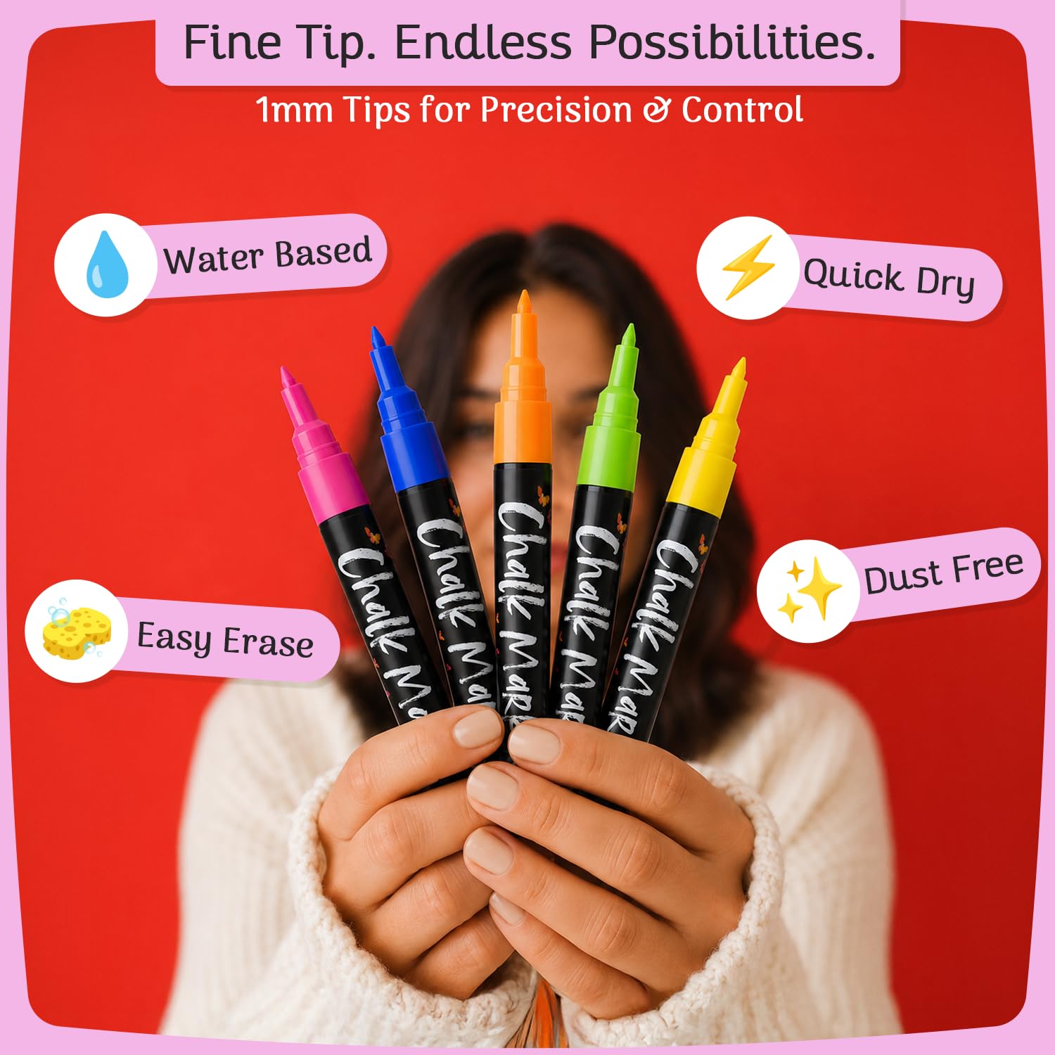 Extra Fine Tip Liquid Chalk Pens (30 Pack 1mm) Pastel + Neon Chalk Pens - Erasable Dry Erase Marker for Chalkboard, Blackboards, Window, Bistro
