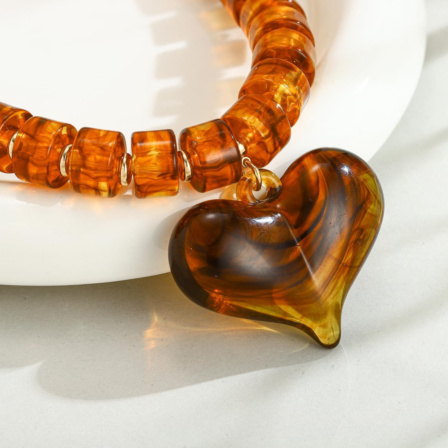 Chunky Beaded Heart Pendant Necklace for Women, Brown Resin Heart Pendant Necklace with Acrylic Beads Chain Jewelry - Image 6