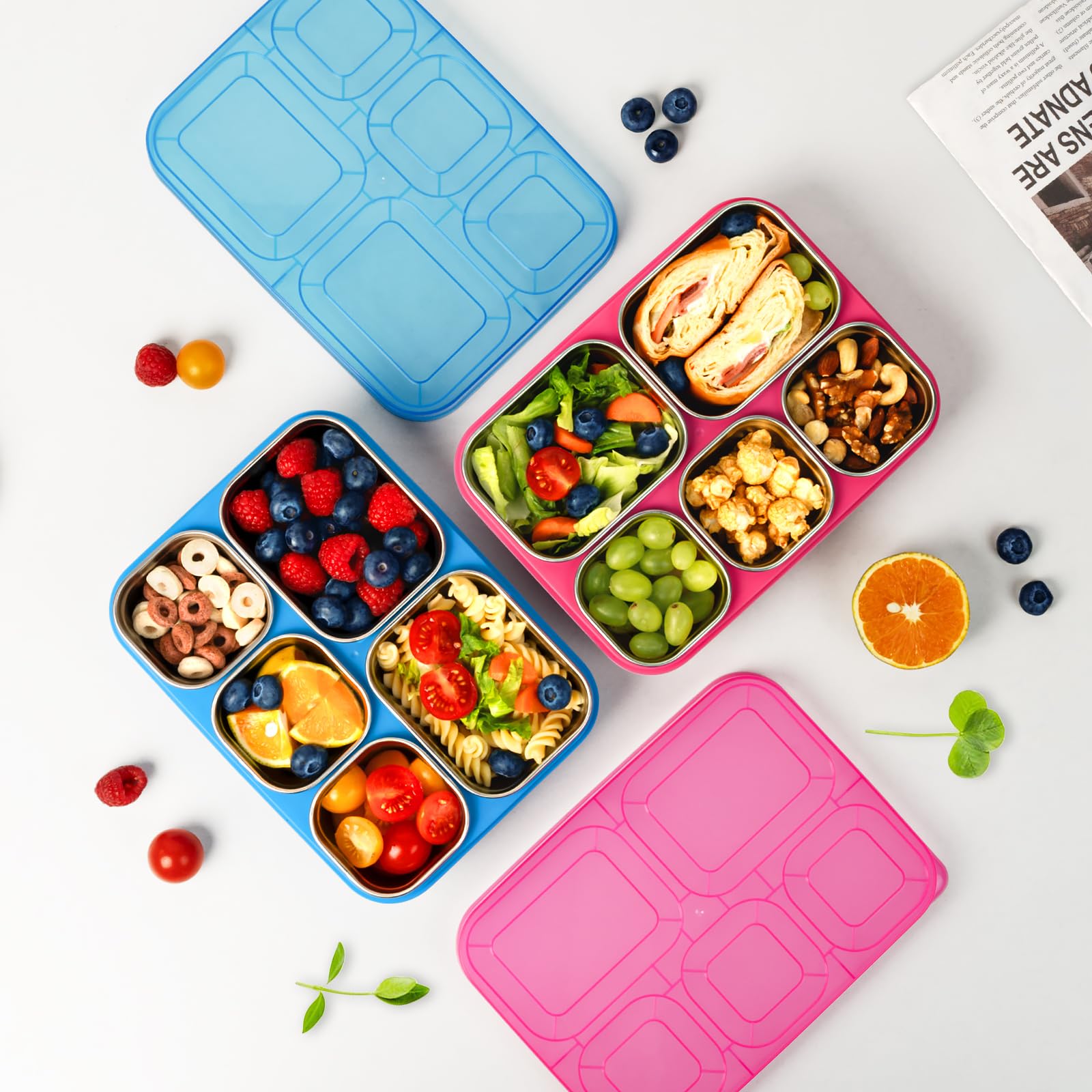 Freshmage Contenitori per snack in acciaio inox, confezione da 2, senza BPA, con 5 scomparti, riutilizzabili, per scuola, lavoro e viaggi, lavabili in lavastoviglie (blu)