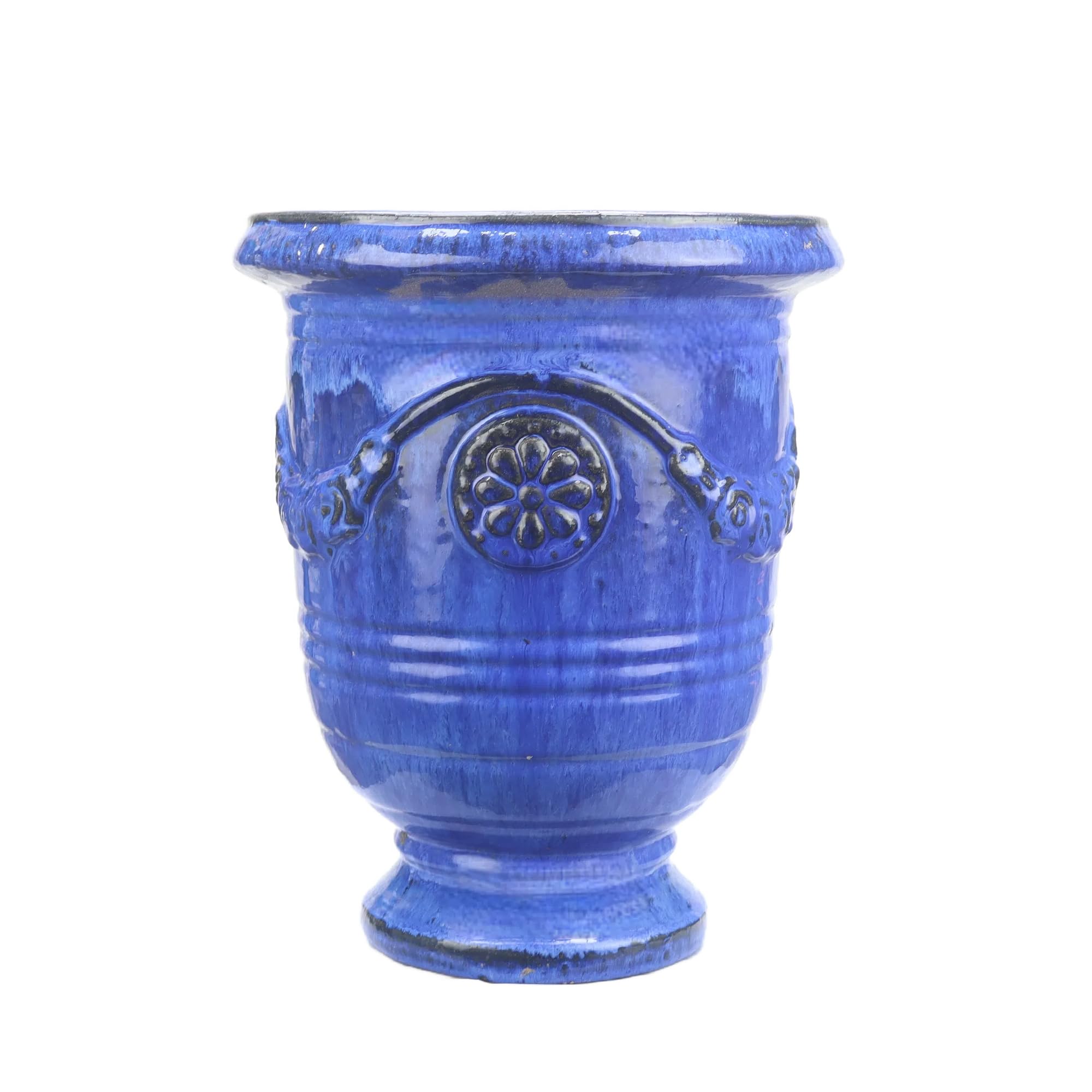 Vaso per fiori/Piantatore, vaso in gres smaltato, modello Anduze in blu 35x42cm, resistente al gelo e fatto a mano