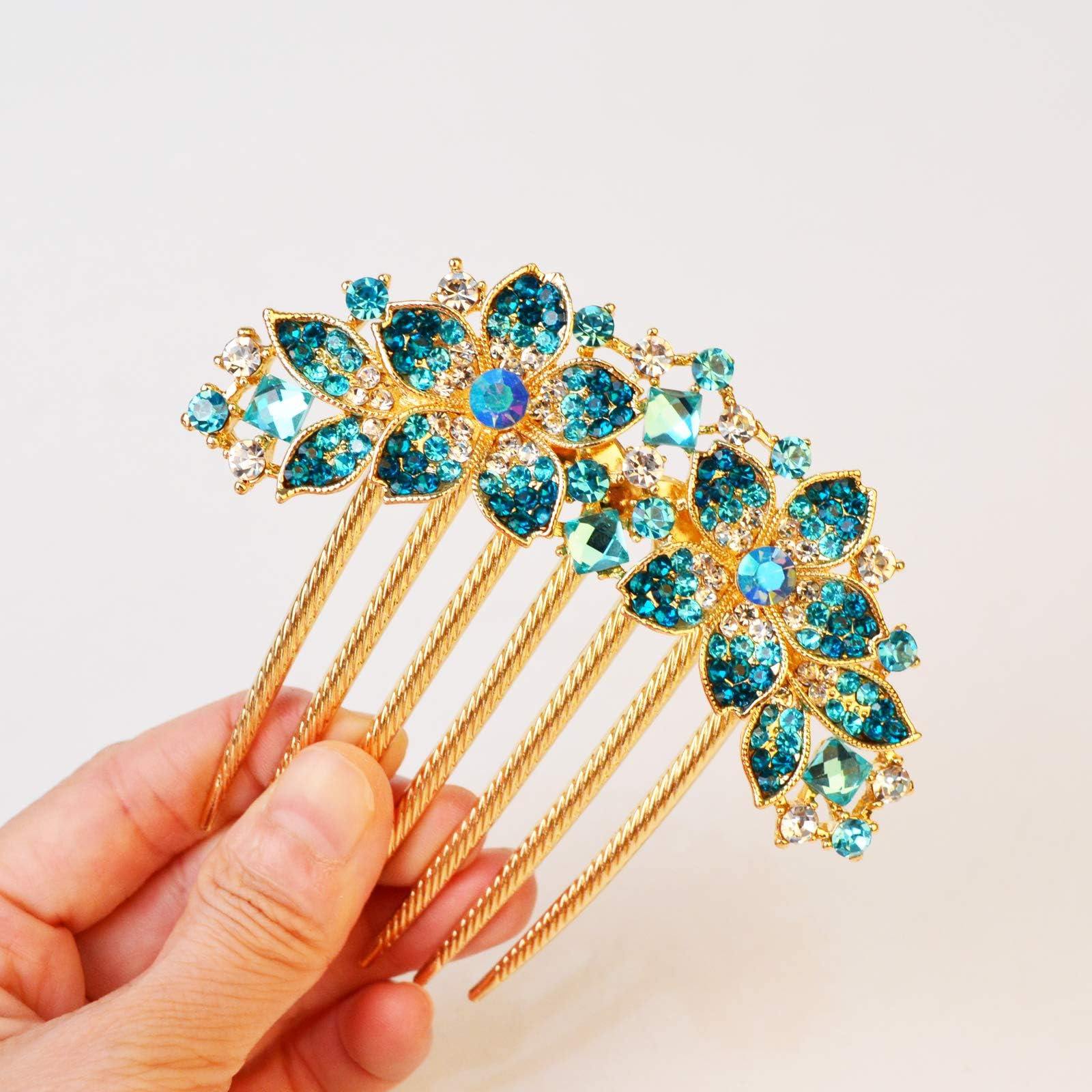 Pettine per capelli da donna con fiori intarsiati e strass, accessorio per capelli da sposa, pettine laterale per ragazze, idea regalo (blu)