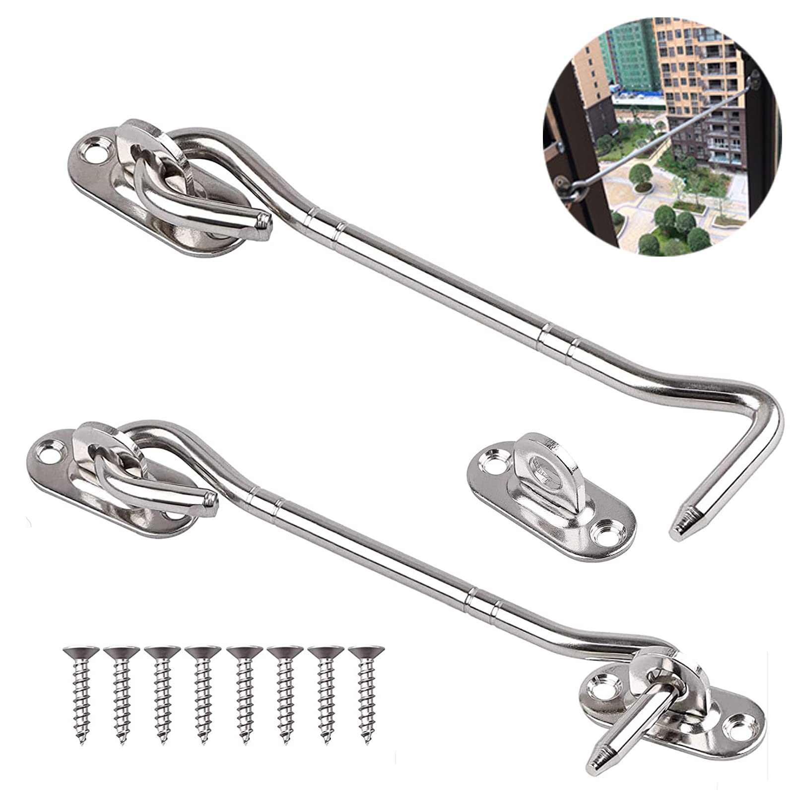 DAQUSU 2Pcs Cabin Hook Stainless Steel Gate Hook Heavy Duty Cabinet Latches Barn Door Swivel Window Hook Lock with Mounting Screws for Shed Gate Garage Door