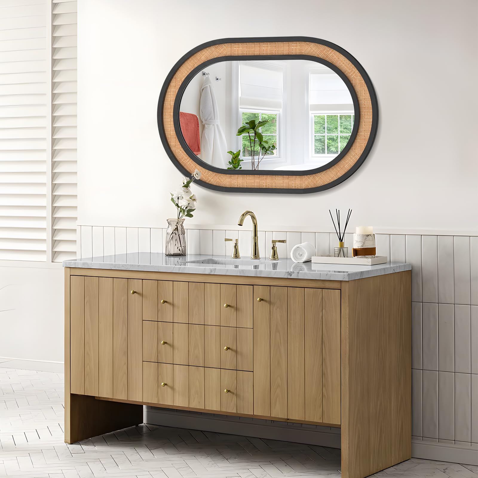 FUWU HOME Rattan Wall Mirror - 22" X 28" Rectangle Farmhouse Style With Wood Frame, Shatterproof Glass