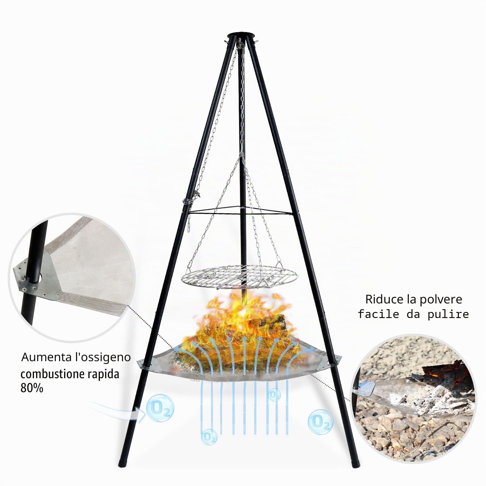 CCLIFE Griglia Treppiede Barbecue con Braciere,altezza 166 cm griglia Girevole Portatile,Catena Regolabile in Altezza