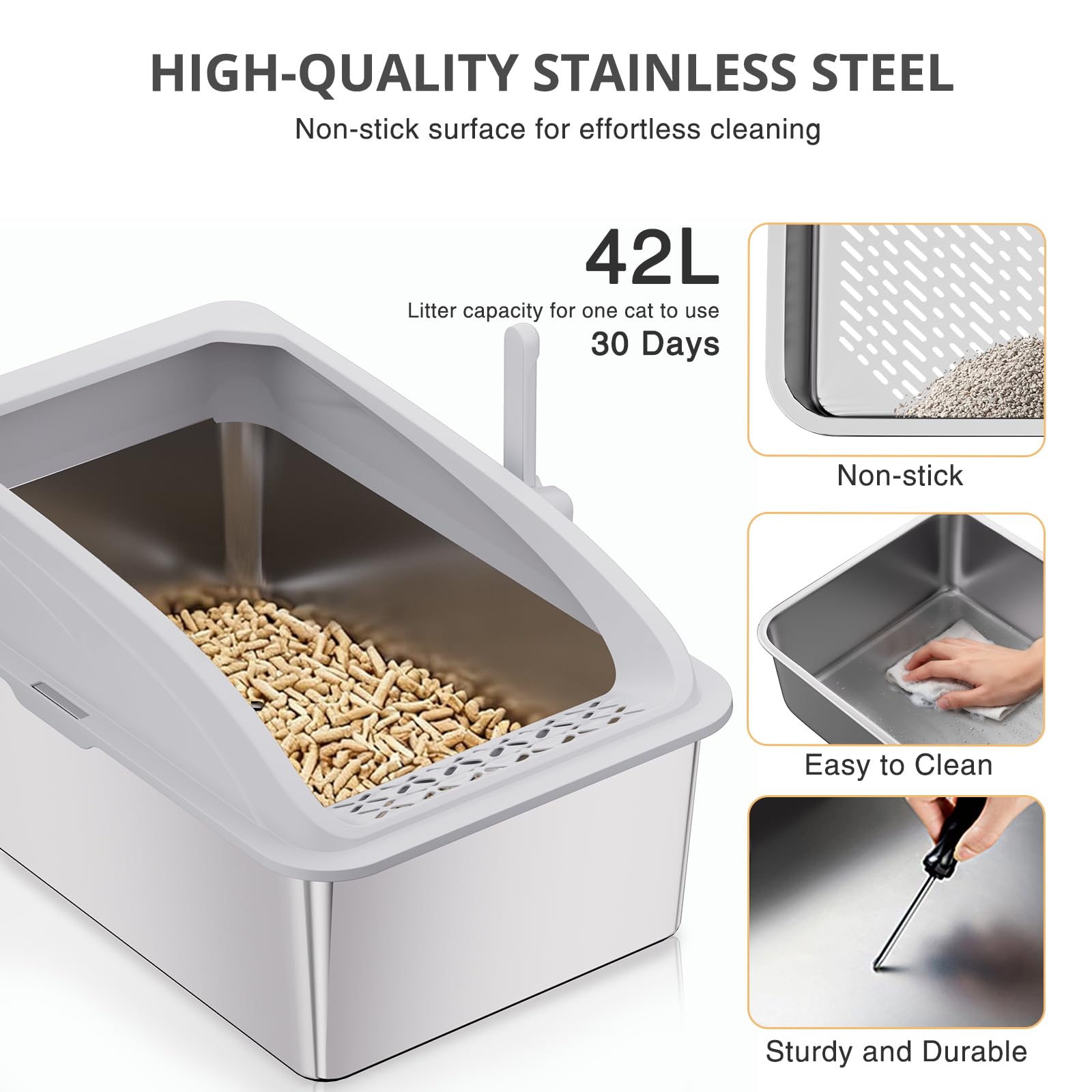 APPKER 23.6"x15.7"x13.78" Stainless Steel Sifting Litter Box with Lid, XL Sifting Design for Pine Pellets, High Sides Metal Litter Box for Big Cats 7.9in Deep, Easy-to-Clean, Non-Stick - image 7