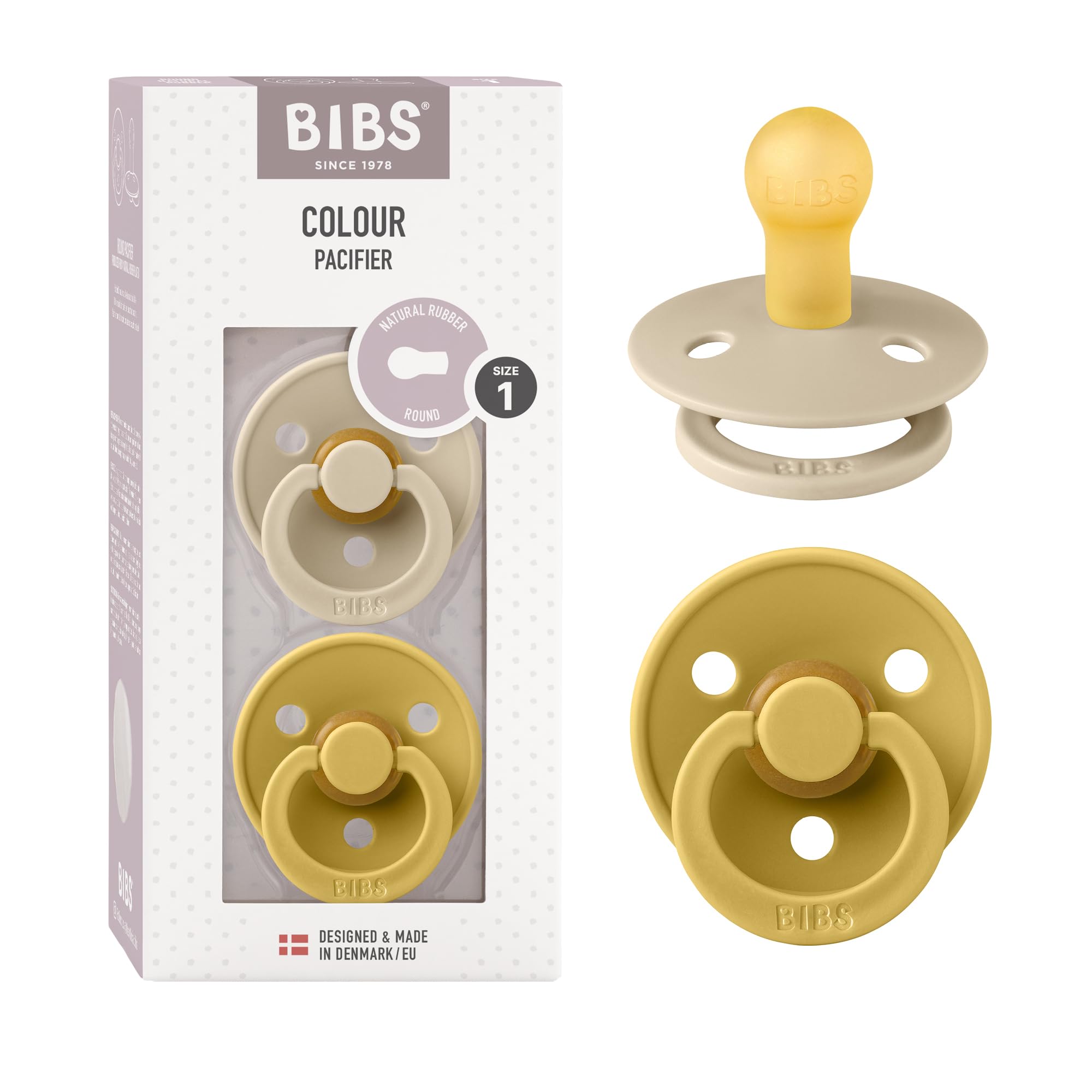 BIBS Colour Baby Pacifier 2-Pack | Made in Denmark | BPA Free Dummy Soother, Round Natural Rubber Latex, Size 1 (0-6 Months), Vanilla/MustardBIBS Colour Baby Pacifier 2-Pack | Made in Denmark |…